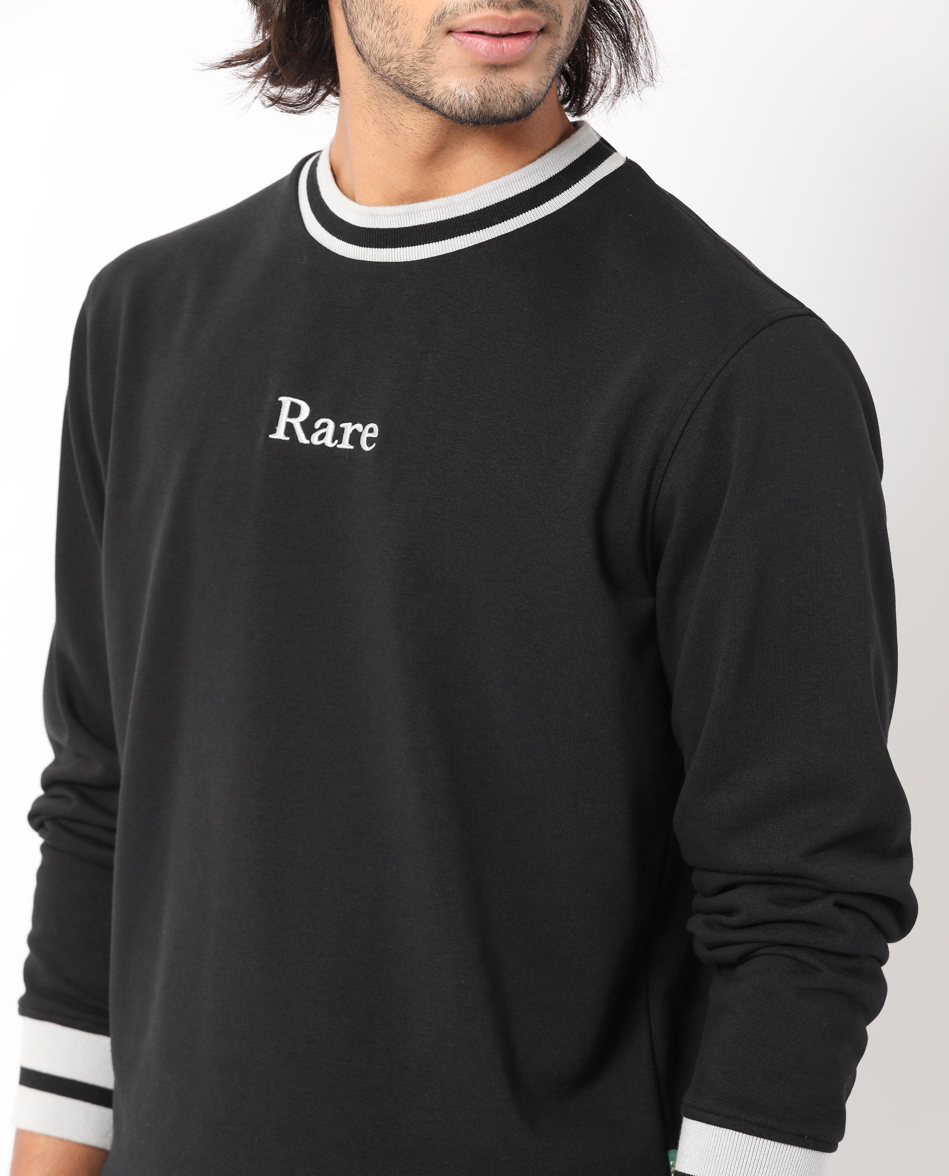 Rare Rabbit Men's Cancet Black Cotton Polyester Fabric Full Sleeves Contrast Stripe Detail Sweatshirt