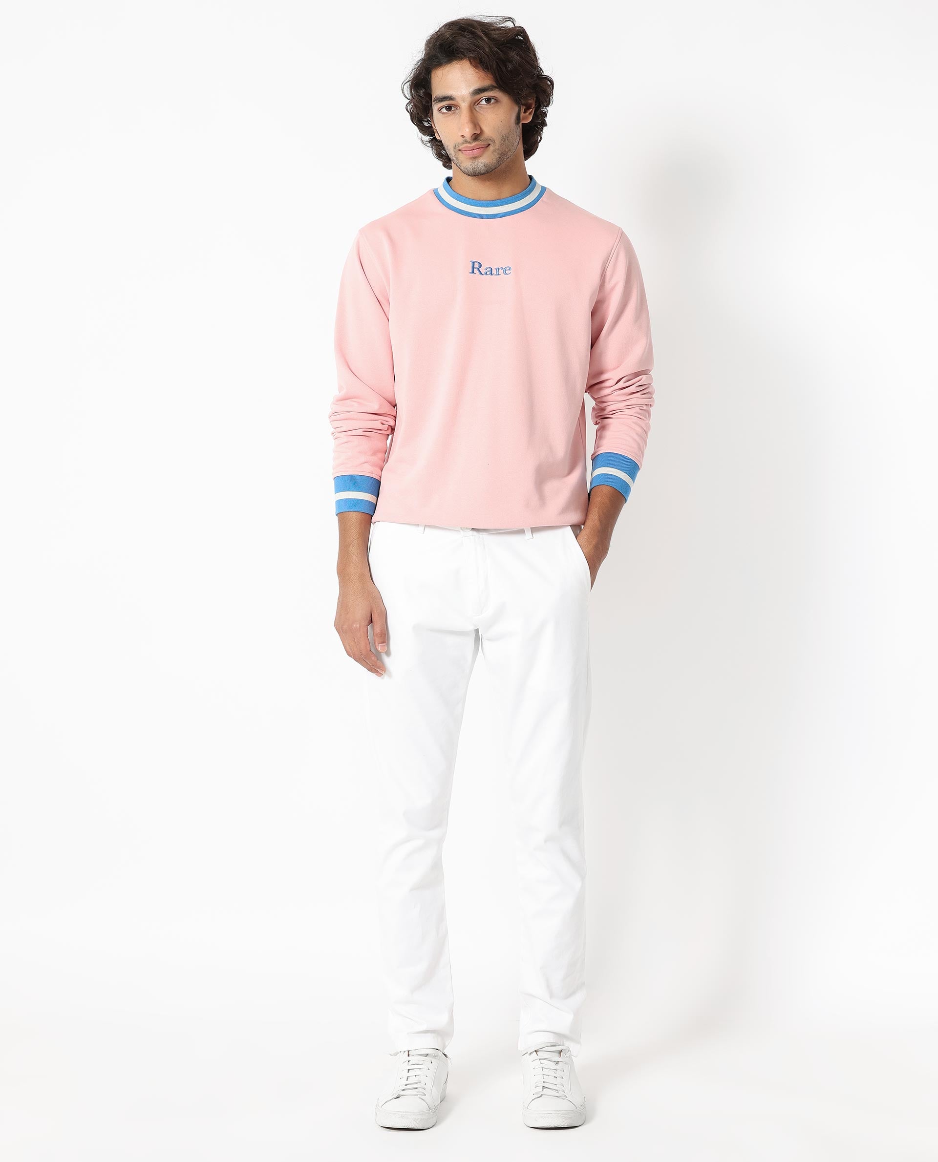 Rare Rabbit Men's Cancet Light Pink Cotton Polyester Fabric Full Sleeves Contrast Stripe Detail Sweatshirt