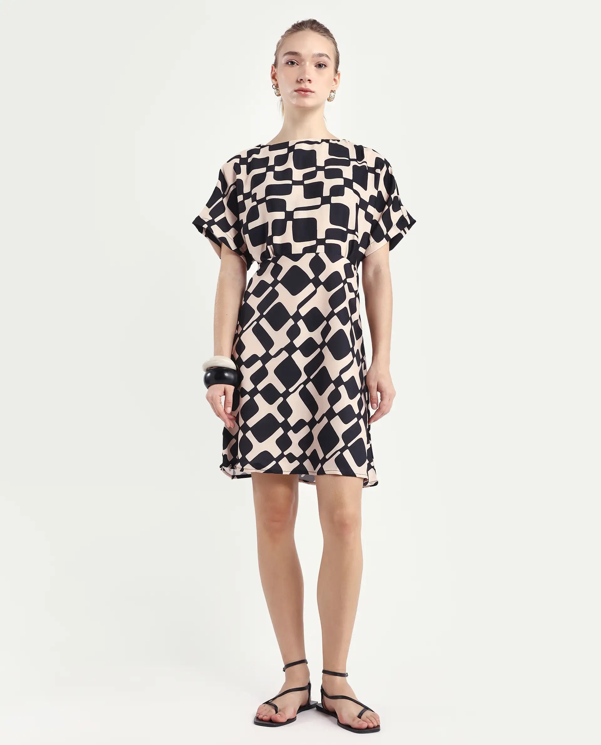 Rareism Women's Cancun Black Twill Boat Neck Geometric Print Extended Sleeves Mini Straight Fit Dress