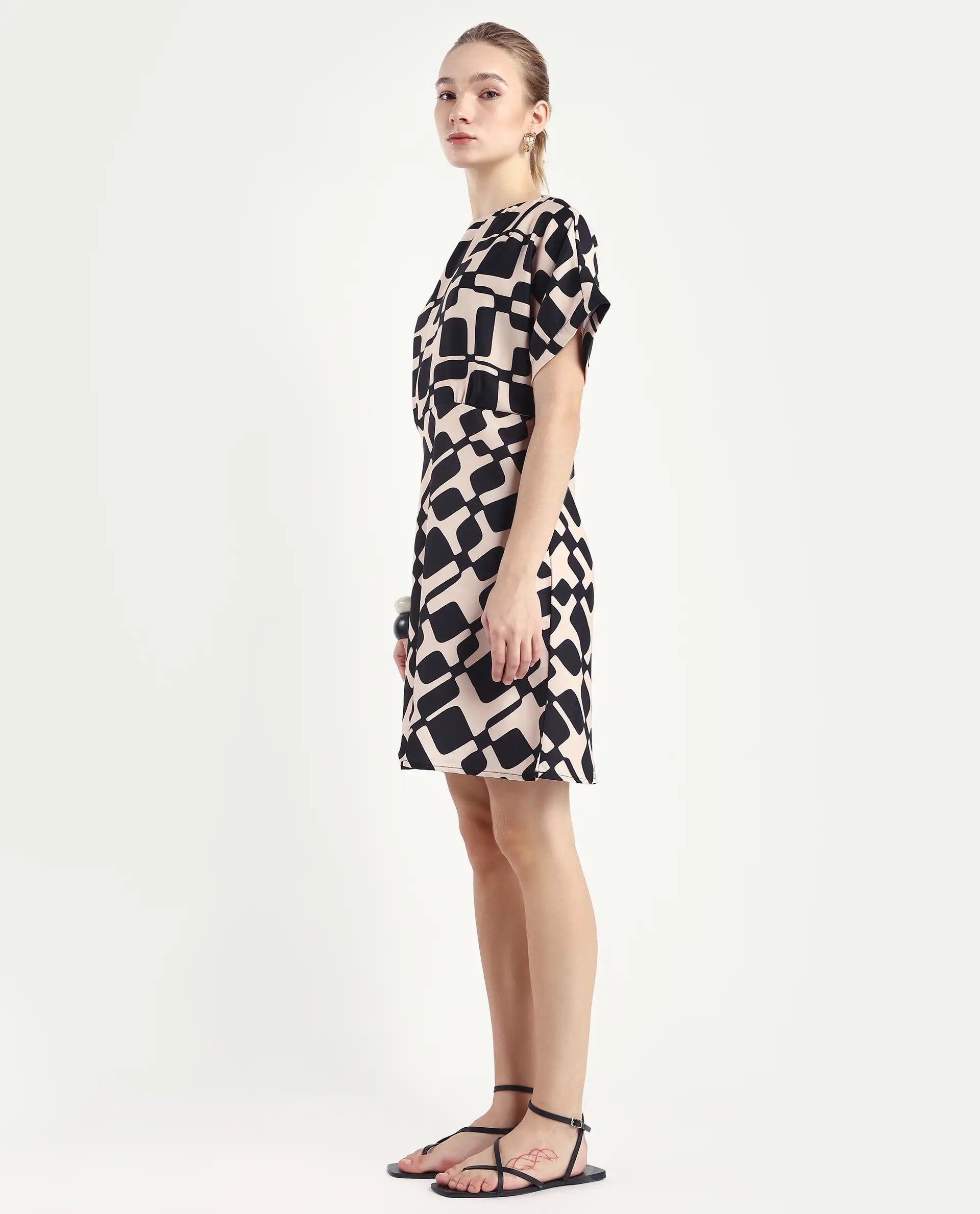 Rareism Women's Cancun Black Twill Boat Neck Geometric Print Extended Sleeves Mini Straight Fit Dress