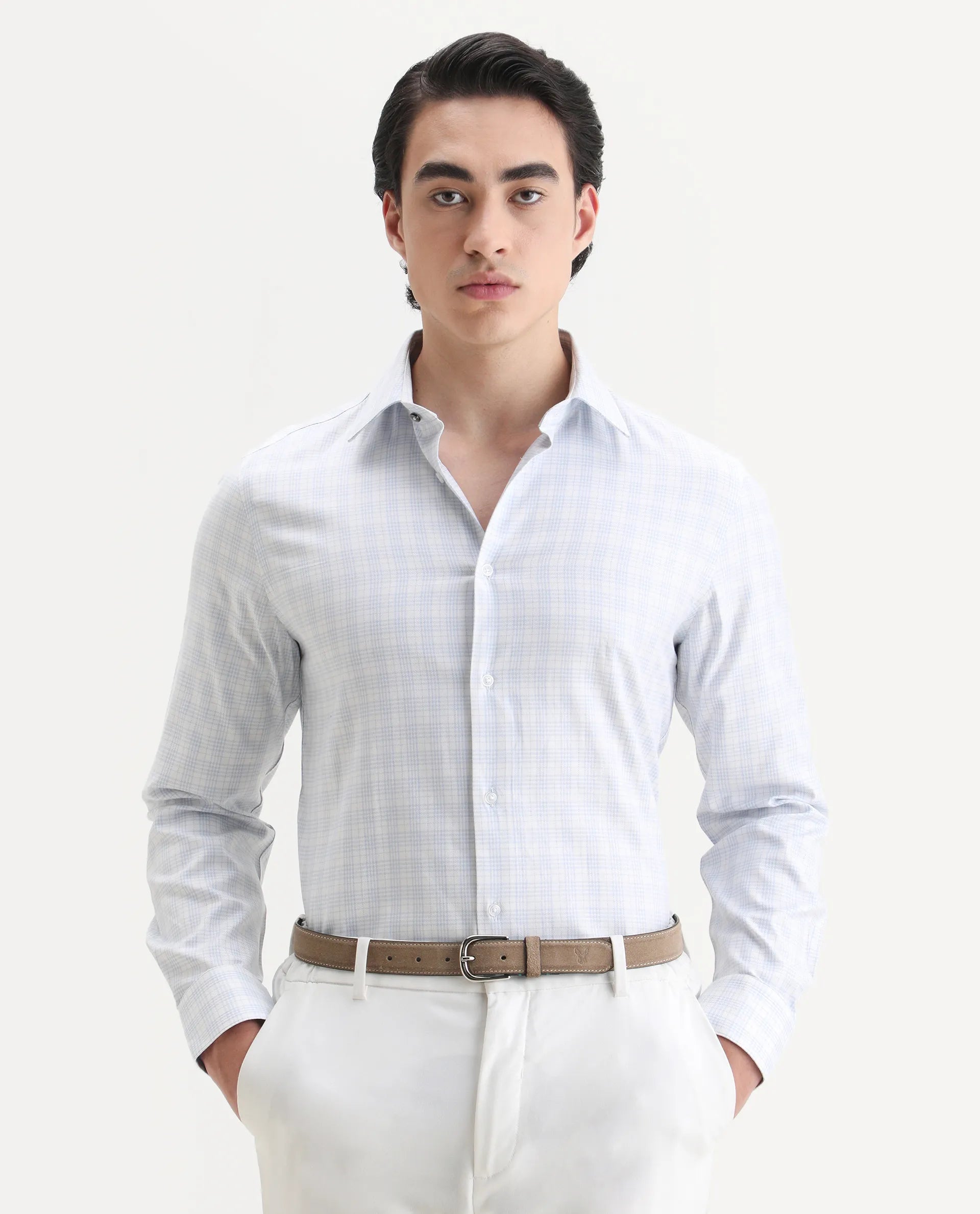 Rare Rabbit Men's Canis-25 Blue Cotton Blend Spread Collar Regular Fit Checked Shirt