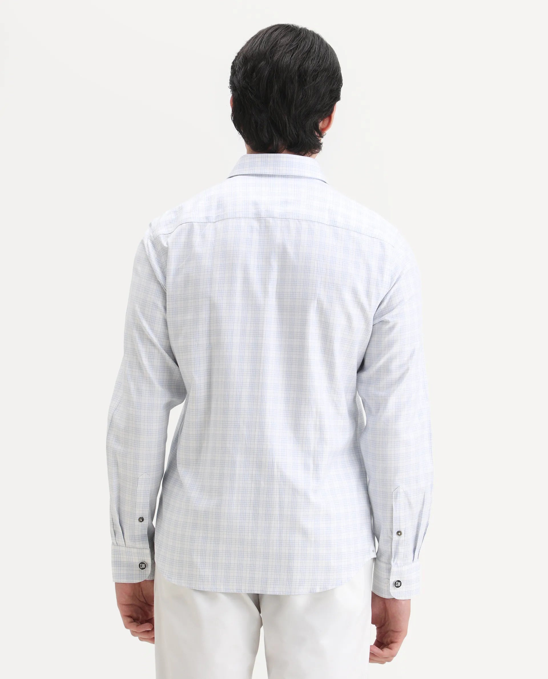 Rare Rabbit Men's Canis-25 Blue Cotton Blend Spread Collar Regular Fit Checked Shirt