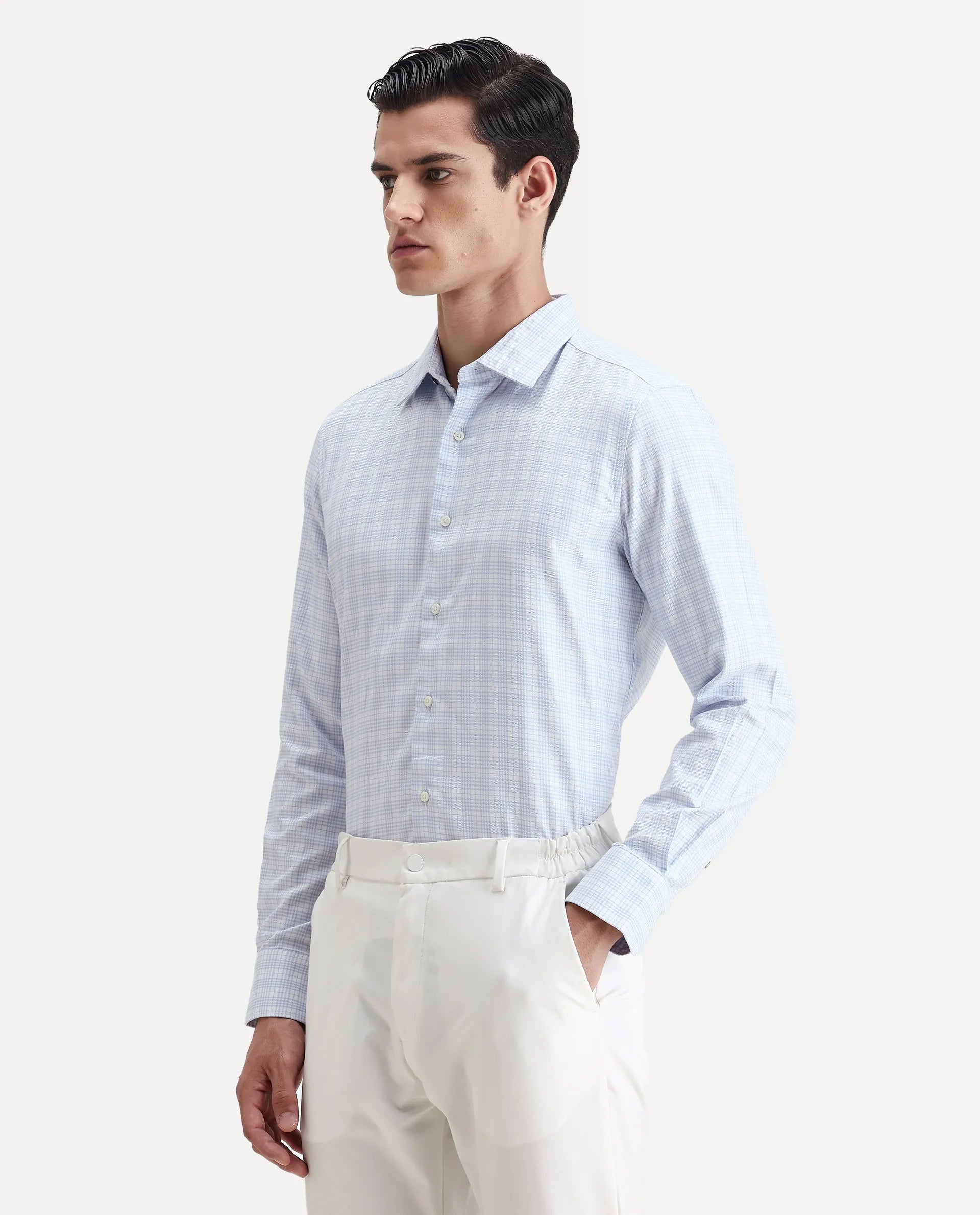 Rare Rabbit Men's Canis Light Blue Cotton Checked Print Regular Fit Full Sleeve Collared Shirt