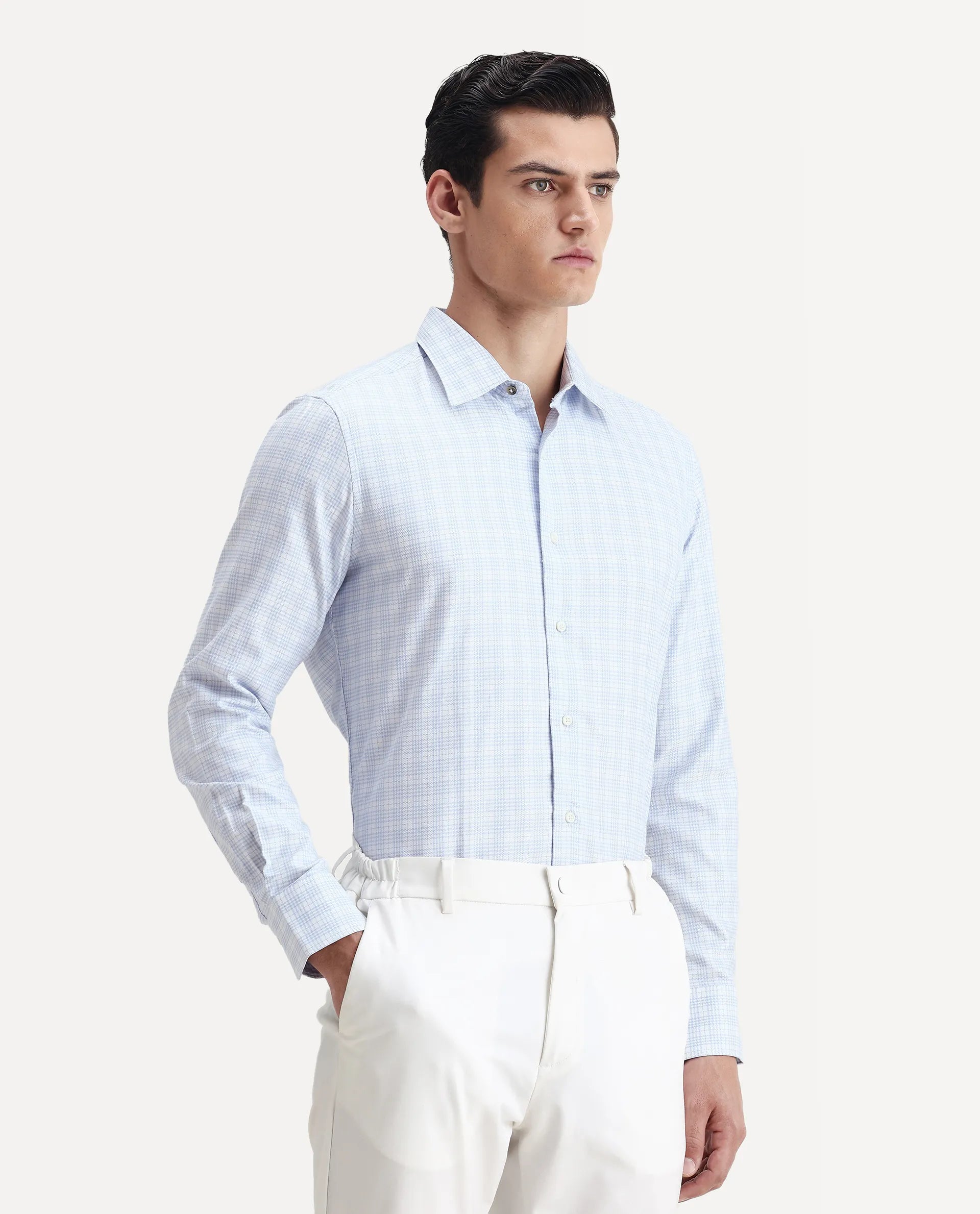 Rare Rabbit Men's Canis Light Blue Cotton Checked Print Regular Fit Full Sleeve Collared Shirt