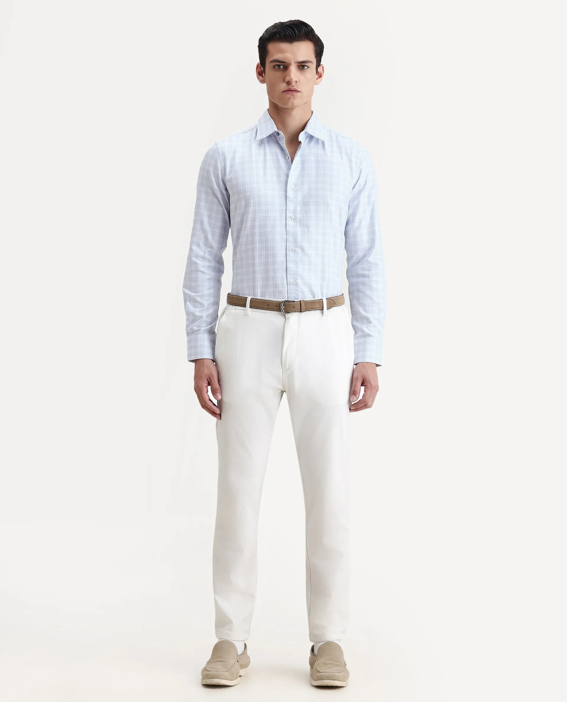 Rare Rabbit Men's Canis Light Blue Cotton Checked Print Regular Fit Full Sleeve Collared Shirt