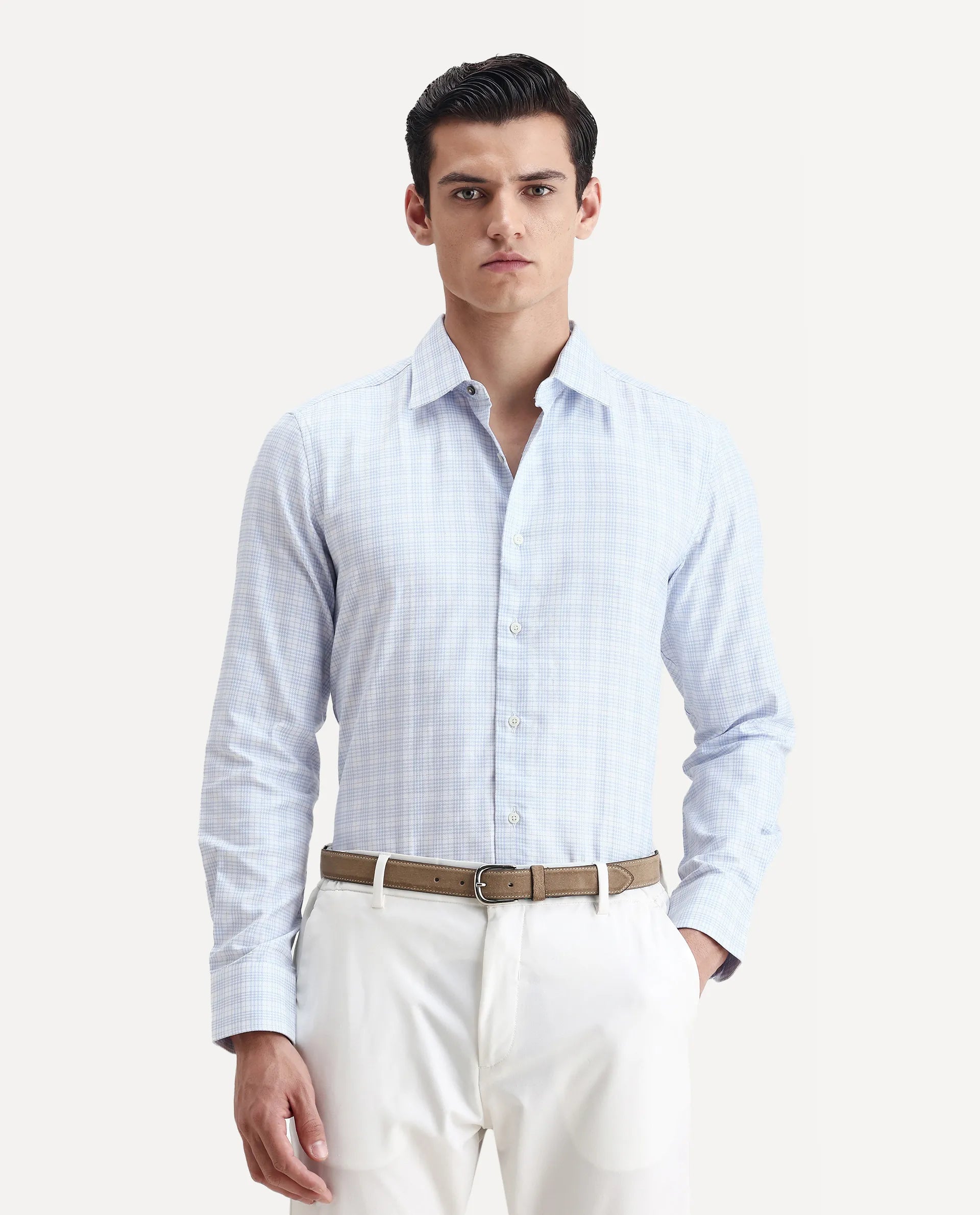 Rare Rabbit Men's Canis Light Blue Cotton Checked Print Regular Fit Full Sleeve Collared Shirt