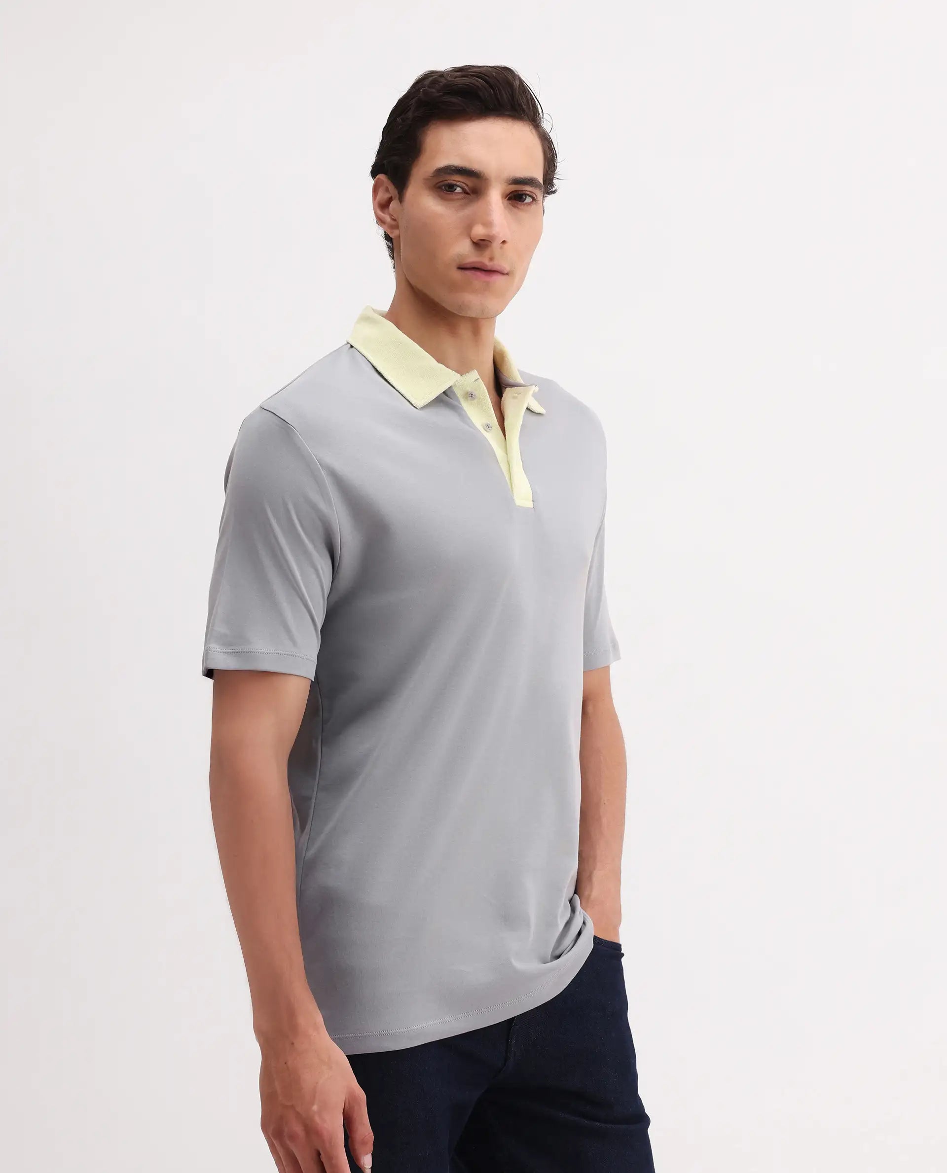 Rare Rabbit Men's Canot Grey Cotton Plain Regular Fit Half Sleeve Polo