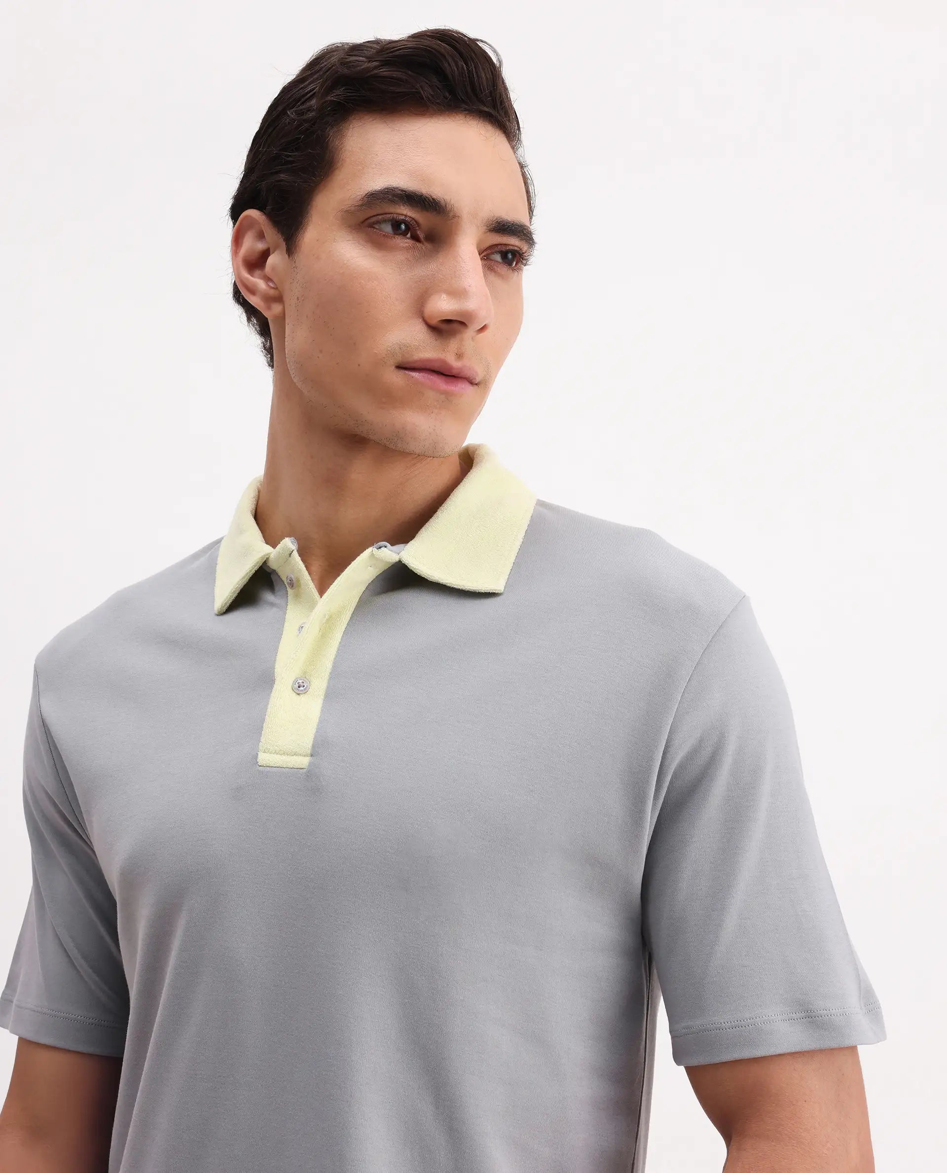 Rare Rabbit Men's Canot Grey Cotton Plain Regular Fit Half Sleeve Polo