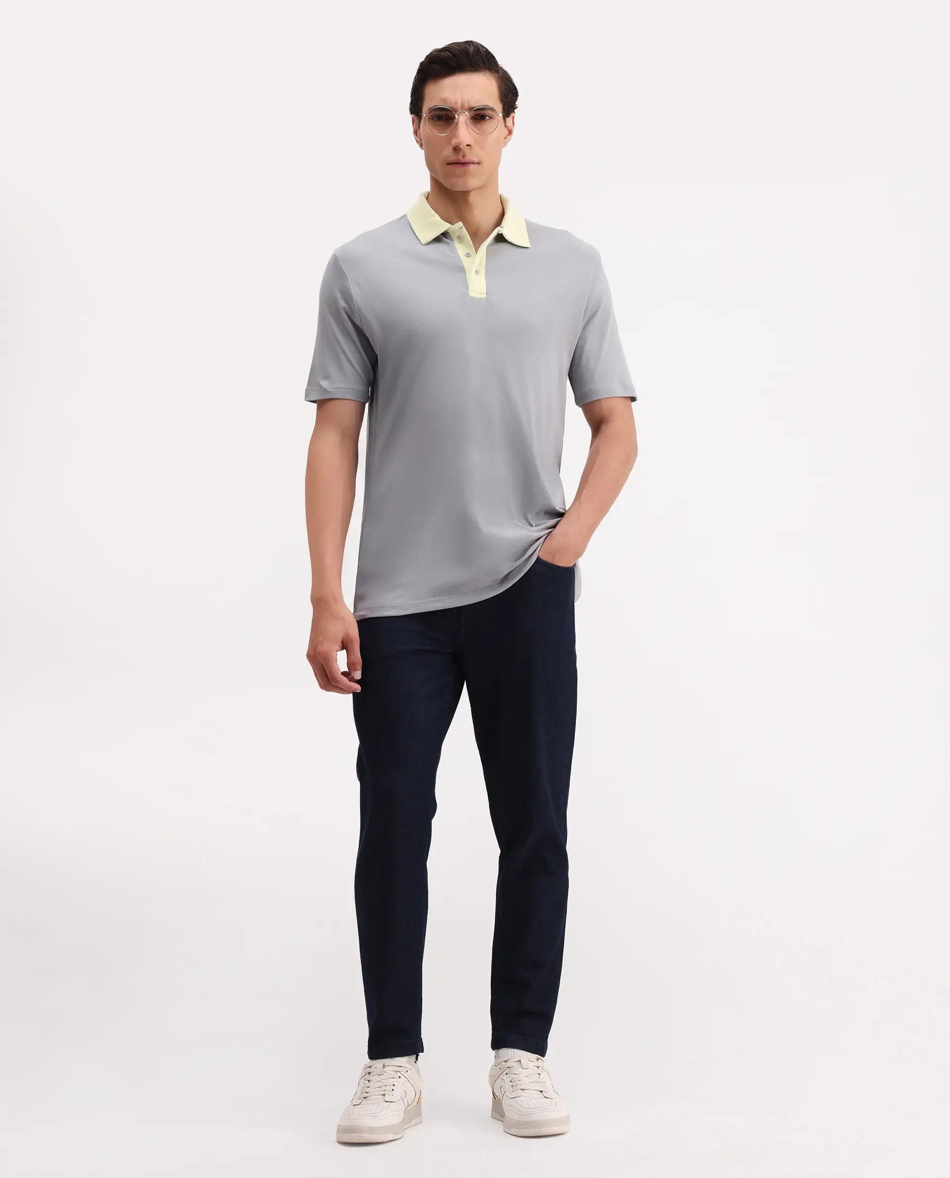 Rare Rabbit Men's Canot Grey Cotton Plain Regular Fit Half Sleeve Polo