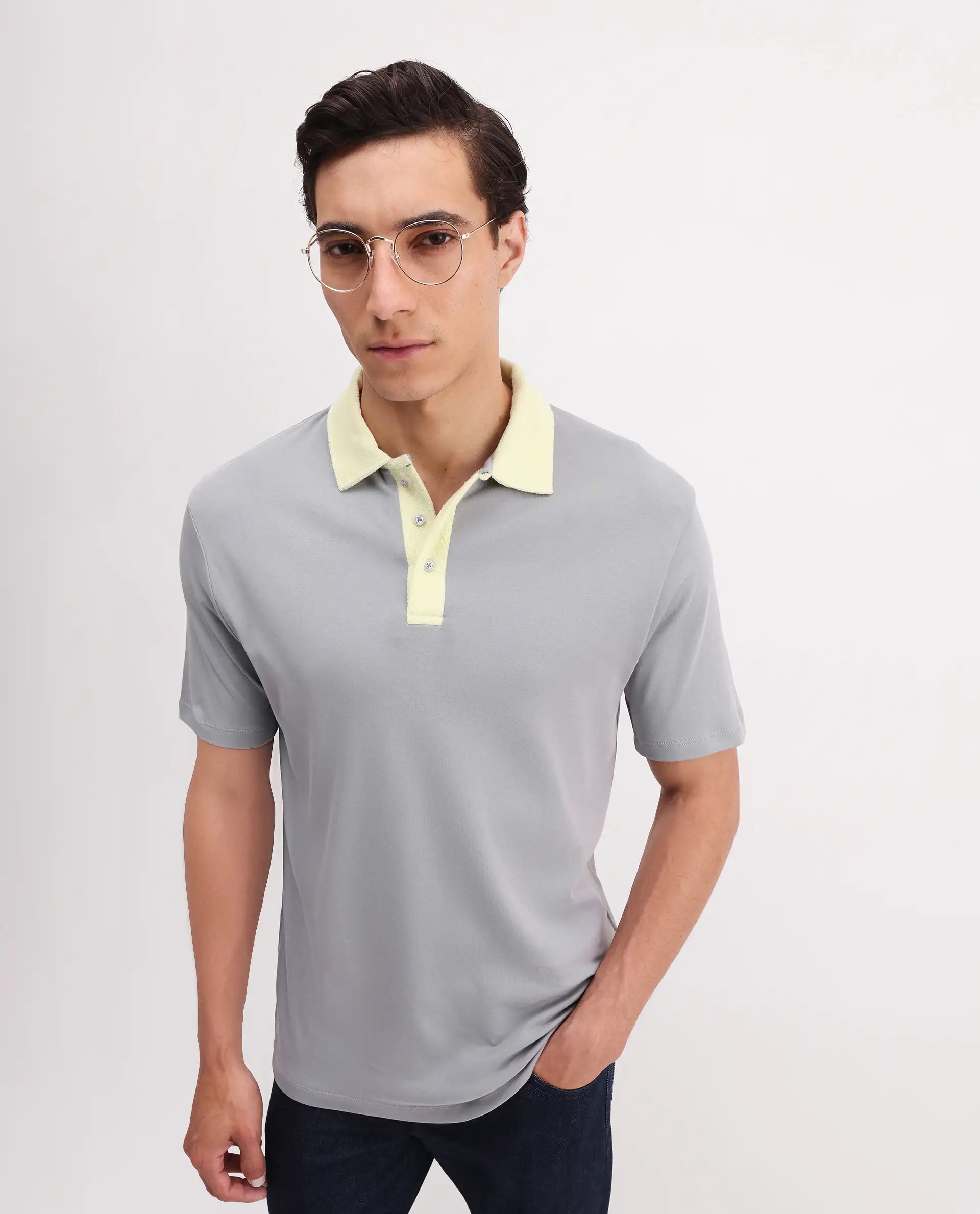 Rare Rabbit Men's Canot Grey Cotton Plain Regular Fit Half Sleeve Polo