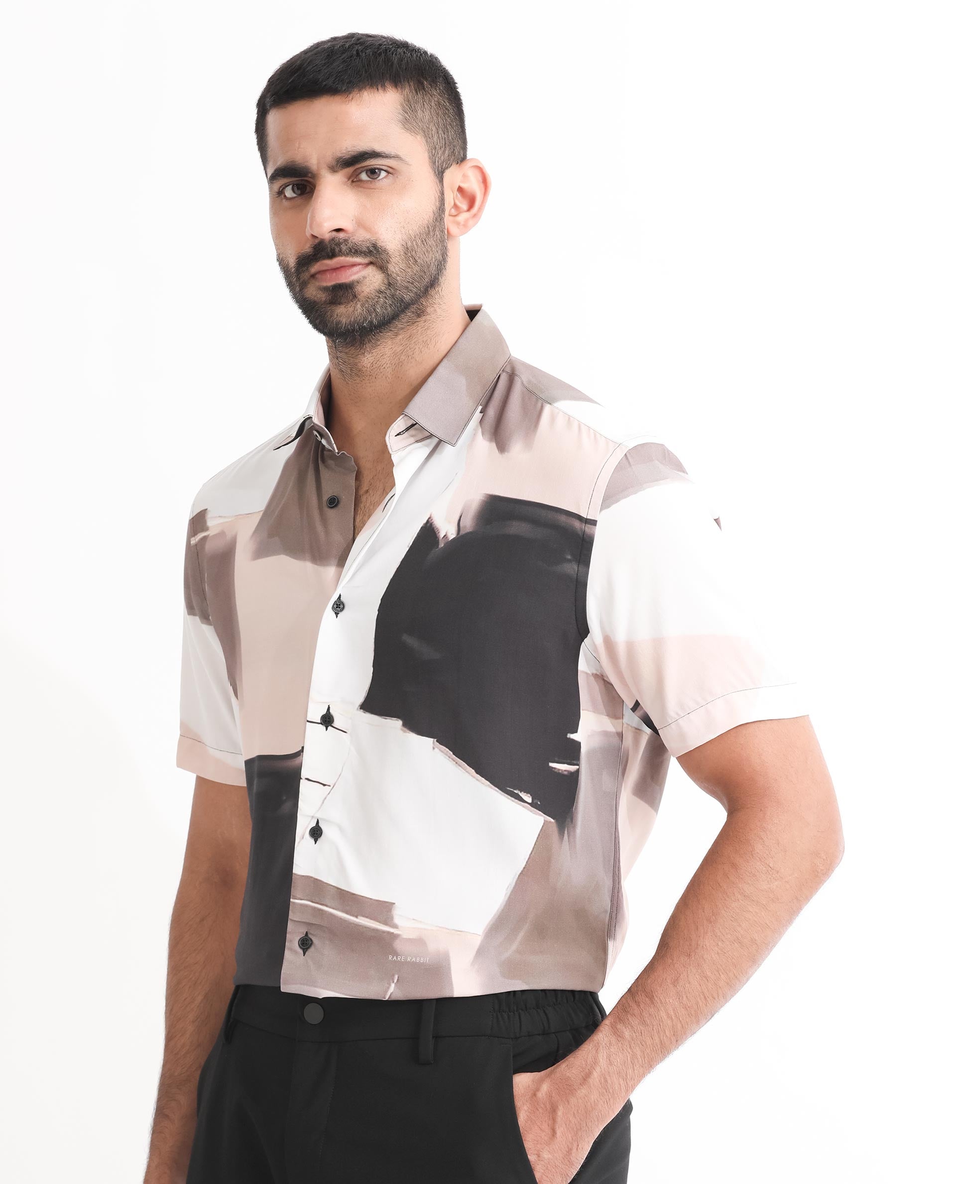 Rare Rabbit Men's Canvas Beige Viscose Fabric Collared Neck Half Sleeves Abstract Print Shirt