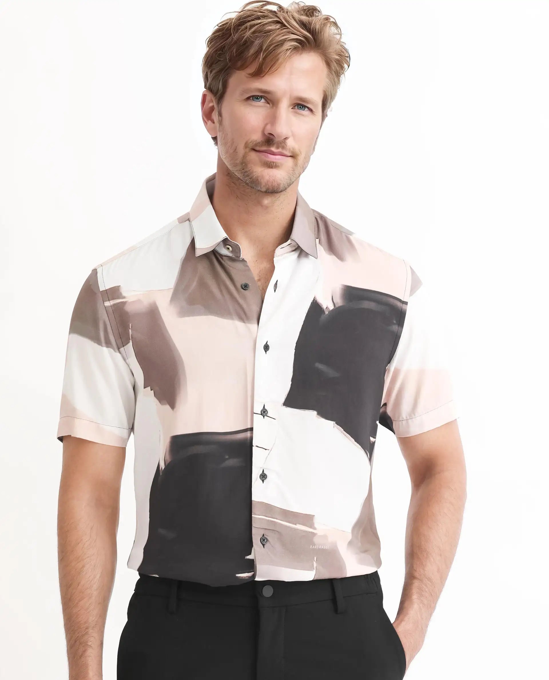 Rare Rabbit Men's Canvas Beige Viscose Fabric Collared Neck Half Sleeves Abstract Print Shirt