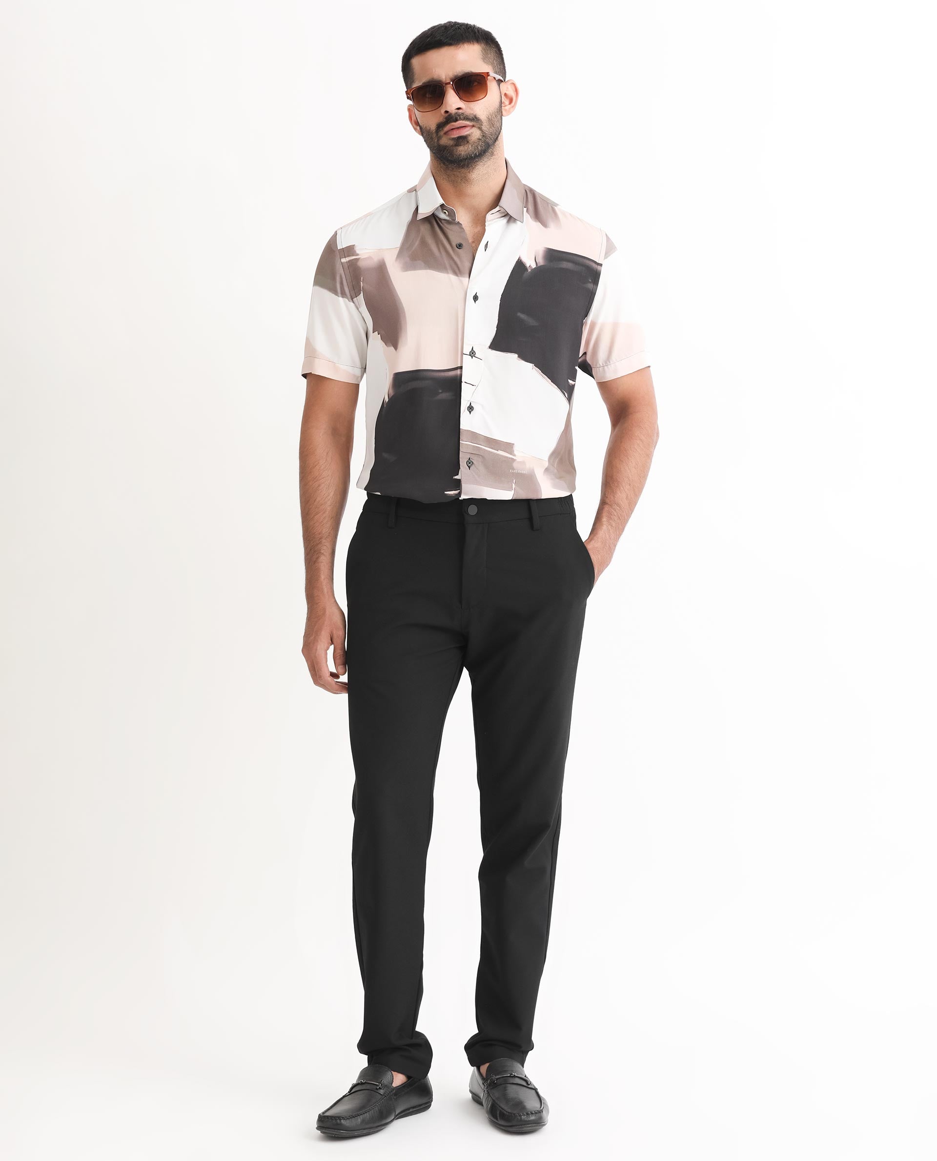 Rare Rabbit Men's Canvas Beige Viscose Fabric Collared Neck Half Sleeves Abstract Print Shirt