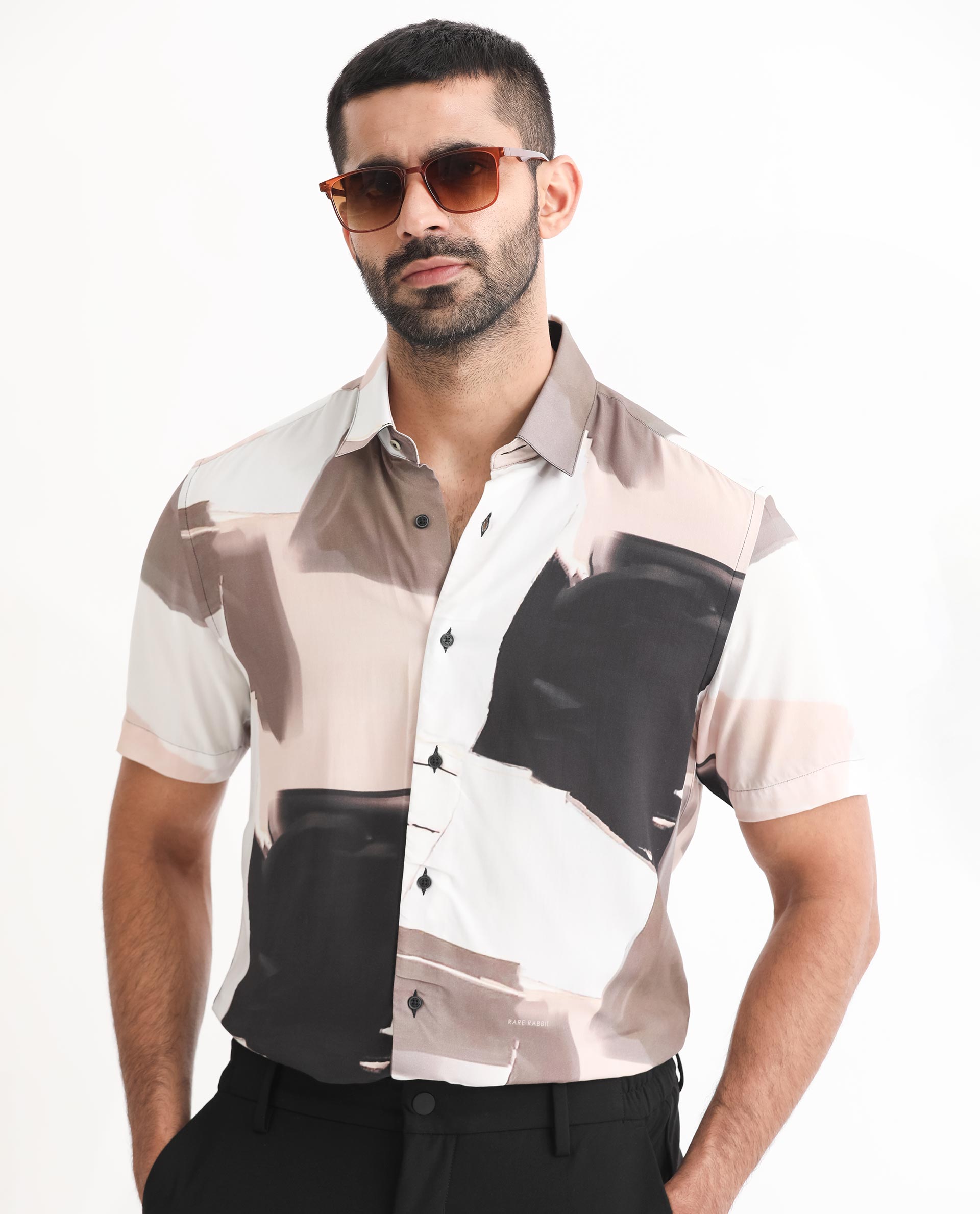 Rare Rabbit Men's Canvas Beige Viscose Fabric Collared Neck Half Sleeves Abstract Print Shirt