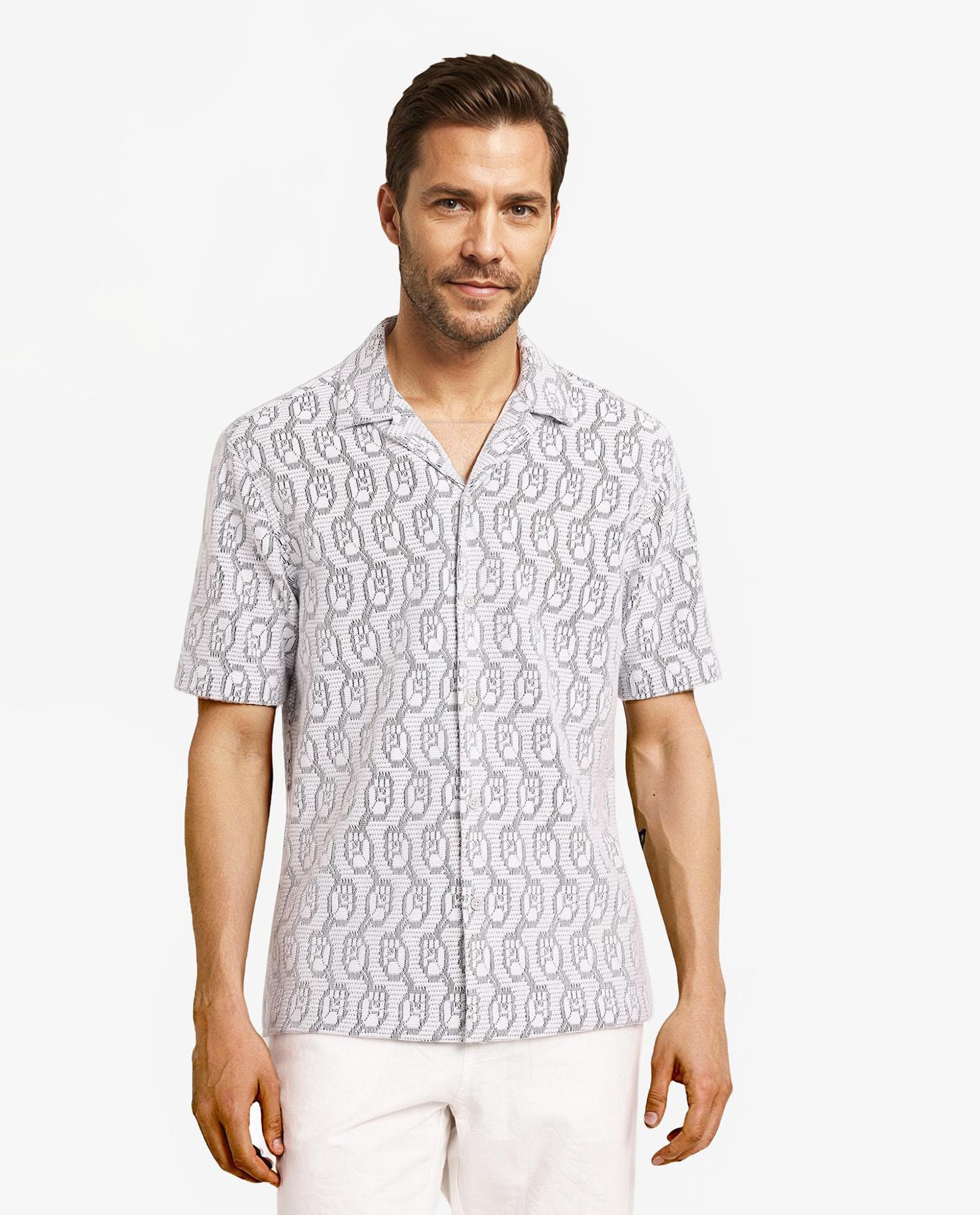 Rare Rabbit Men Canyon Off White Cotton Poly Fabric Short Sleeve Geometric Print Jacquard Shirt