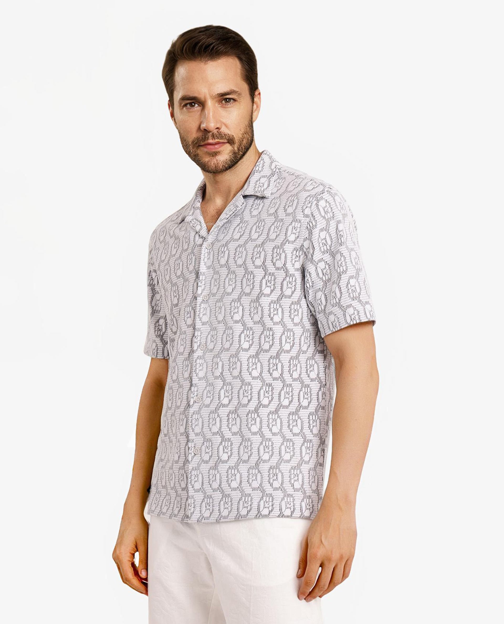 Rare Rabbit Men Canyon Off White Cotton Poly Fabric Short Sleeve Geometric Print Jacquard Shirt
