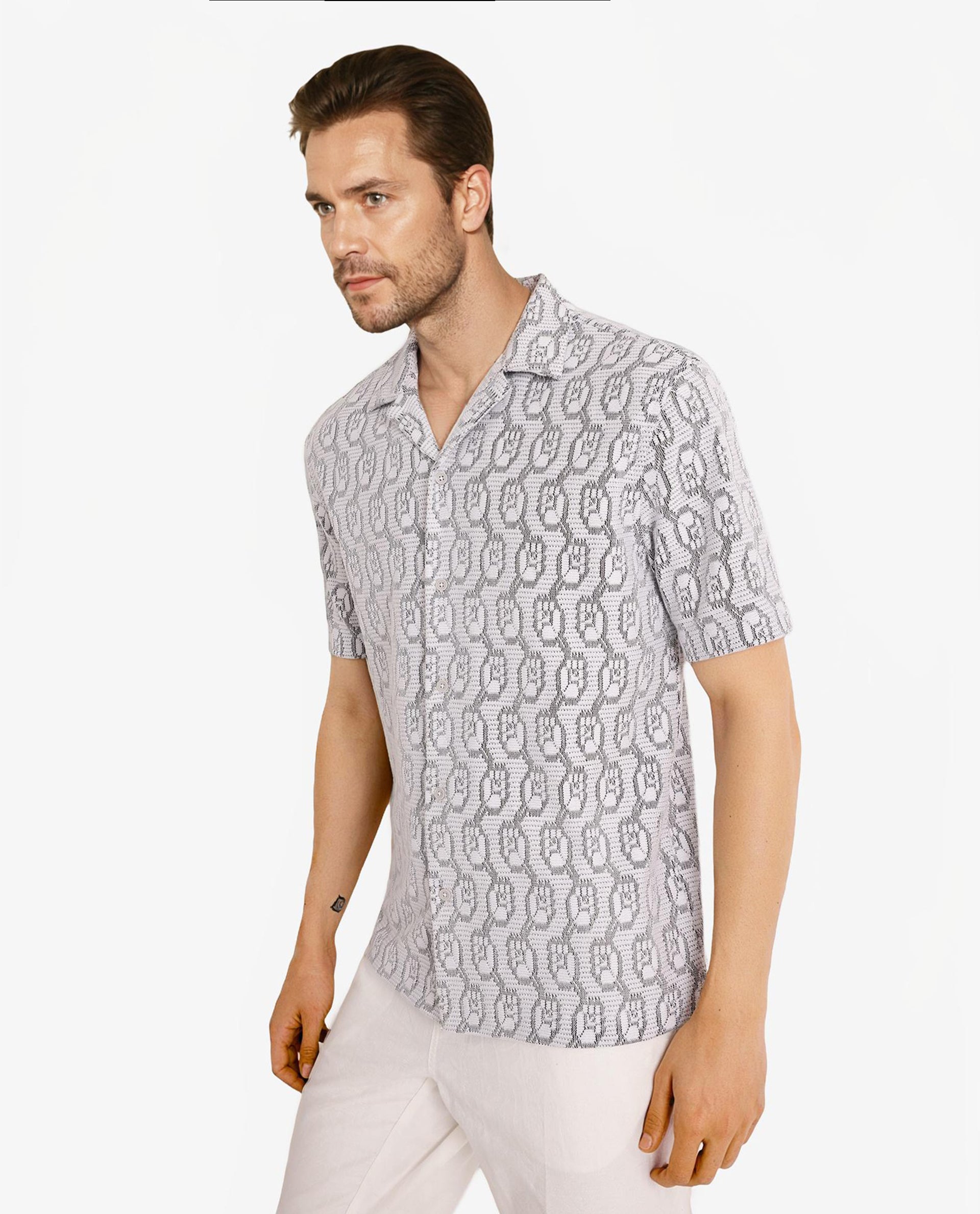 Rare Rabbit Men Canyon Off White Cotton Poly Fabric Short Sleeve Geometric Print Jacquard Shirt