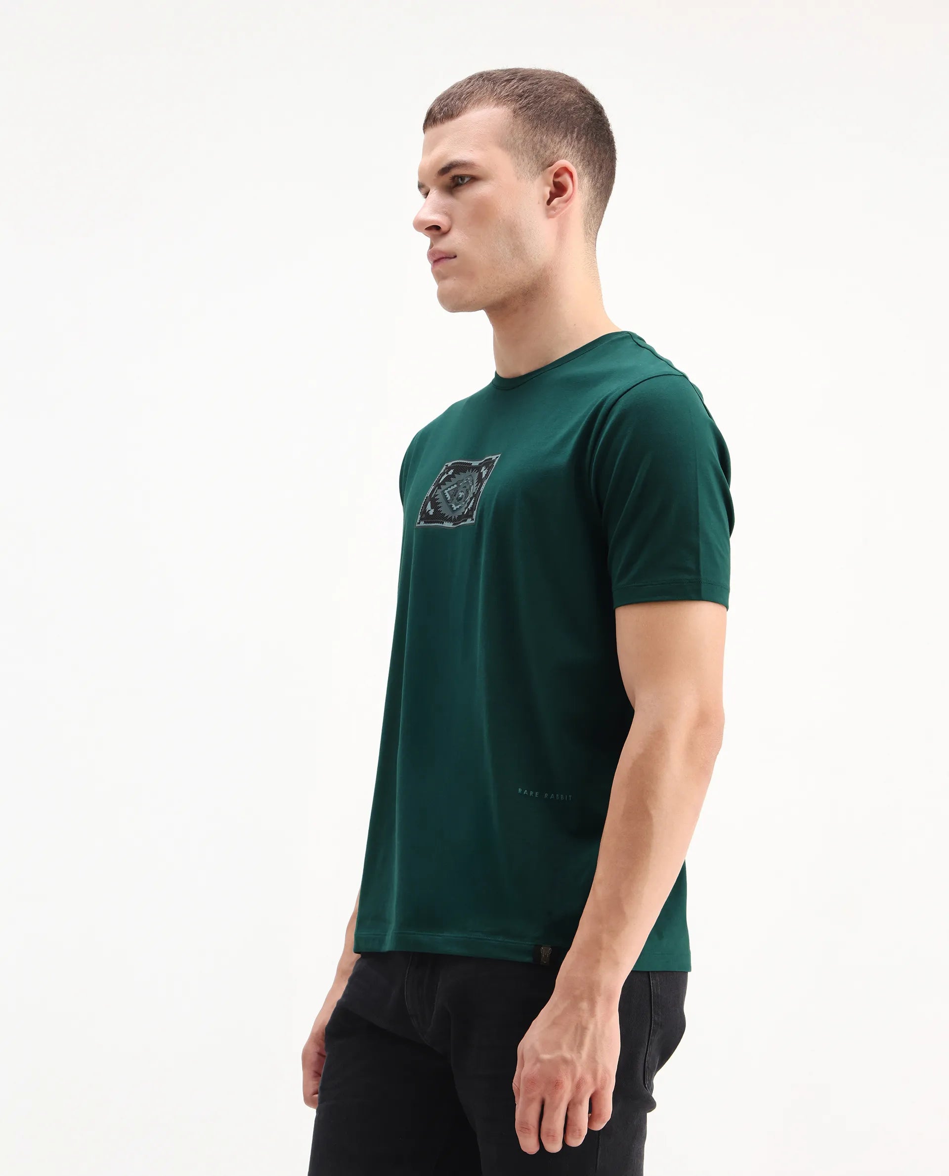 Rare Rabbit Men's Cap Dark Green Cotton Blend Graphic Print Regular Fit Half Sleeve Crew Neck T-Shirt