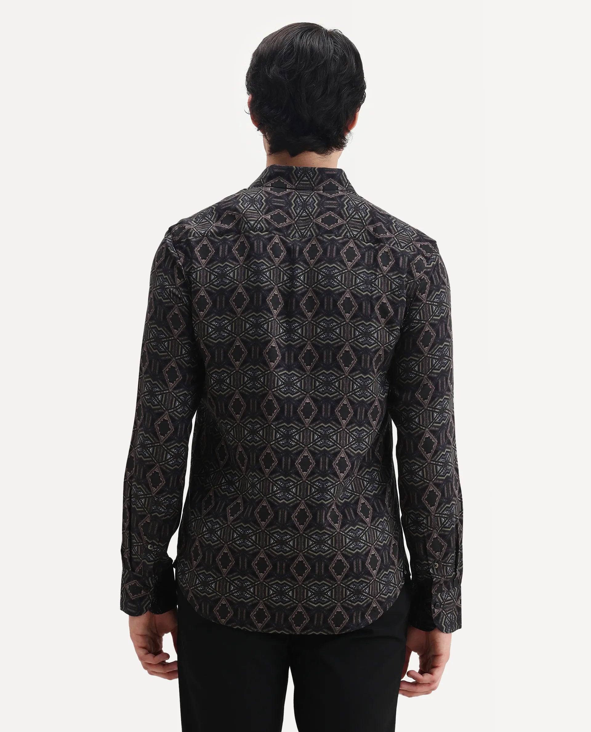 Rare Rabbit Men's Guild Statement Capel Black Viscose Geometric Print Regular Fit Full Sleeve Collared Shirt
