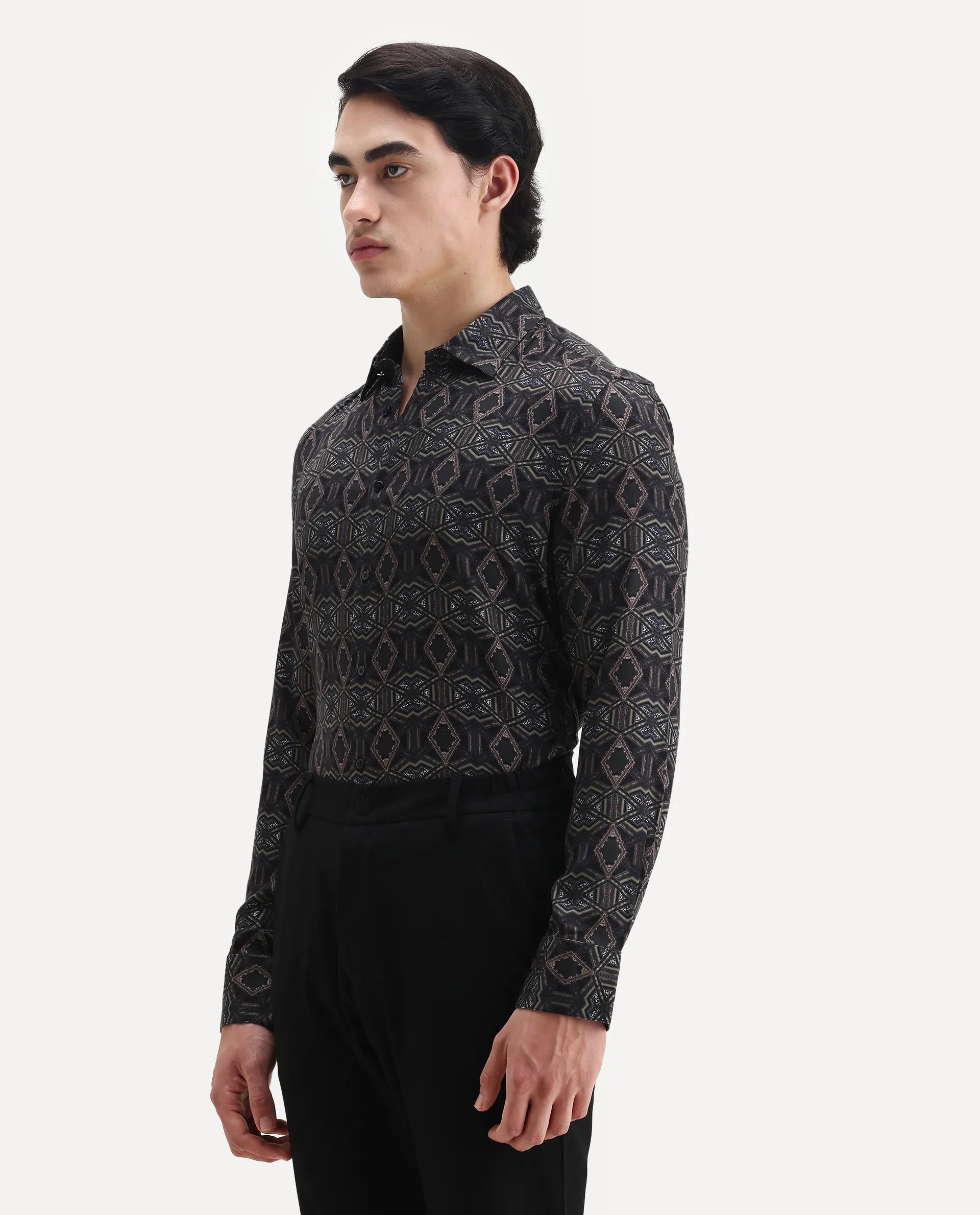 Rare Rabbit Men's Guild Statement Capel Black Viscose Geometric Print Regular Fit Full Sleeve Collared Shirt
