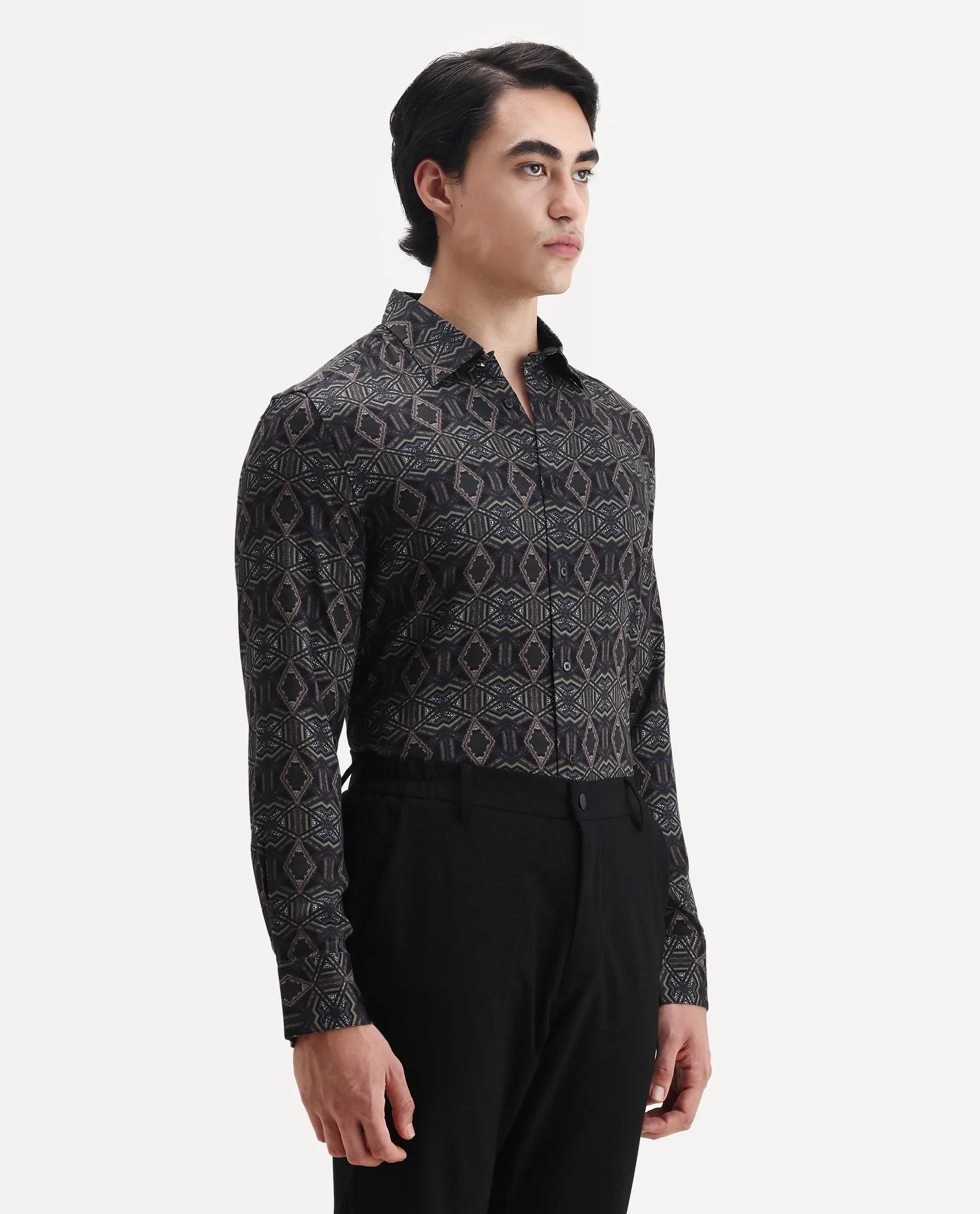 Rare Rabbit Men's Guild Statement Capel Black Viscose Geometric Print Regular Fit Full Sleeve Collared Shirt