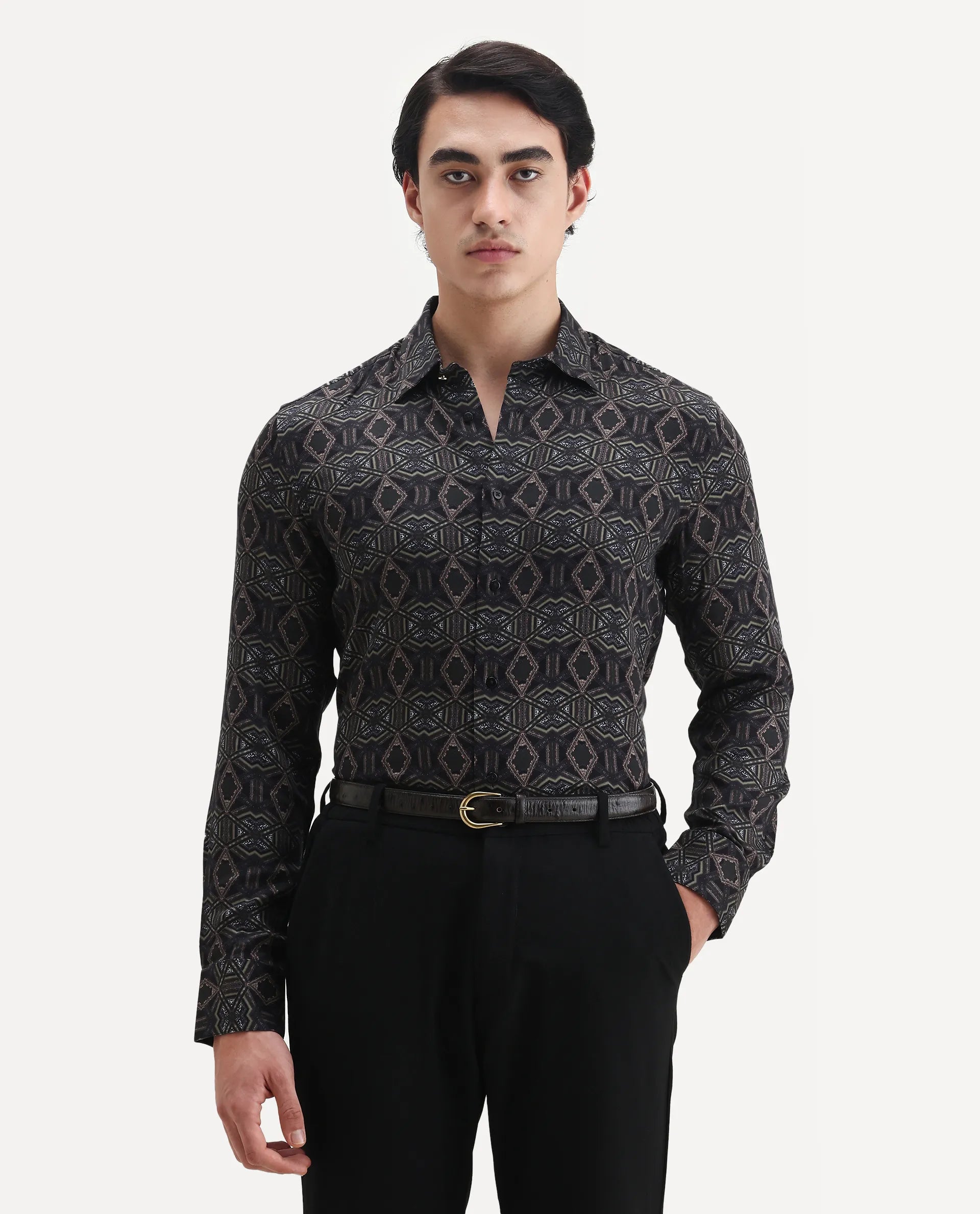 Rare Rabbit Men's Guild Statement Capel Black Viscose Geometric Print Regular Fit Full Sleeve Collared Shirt
