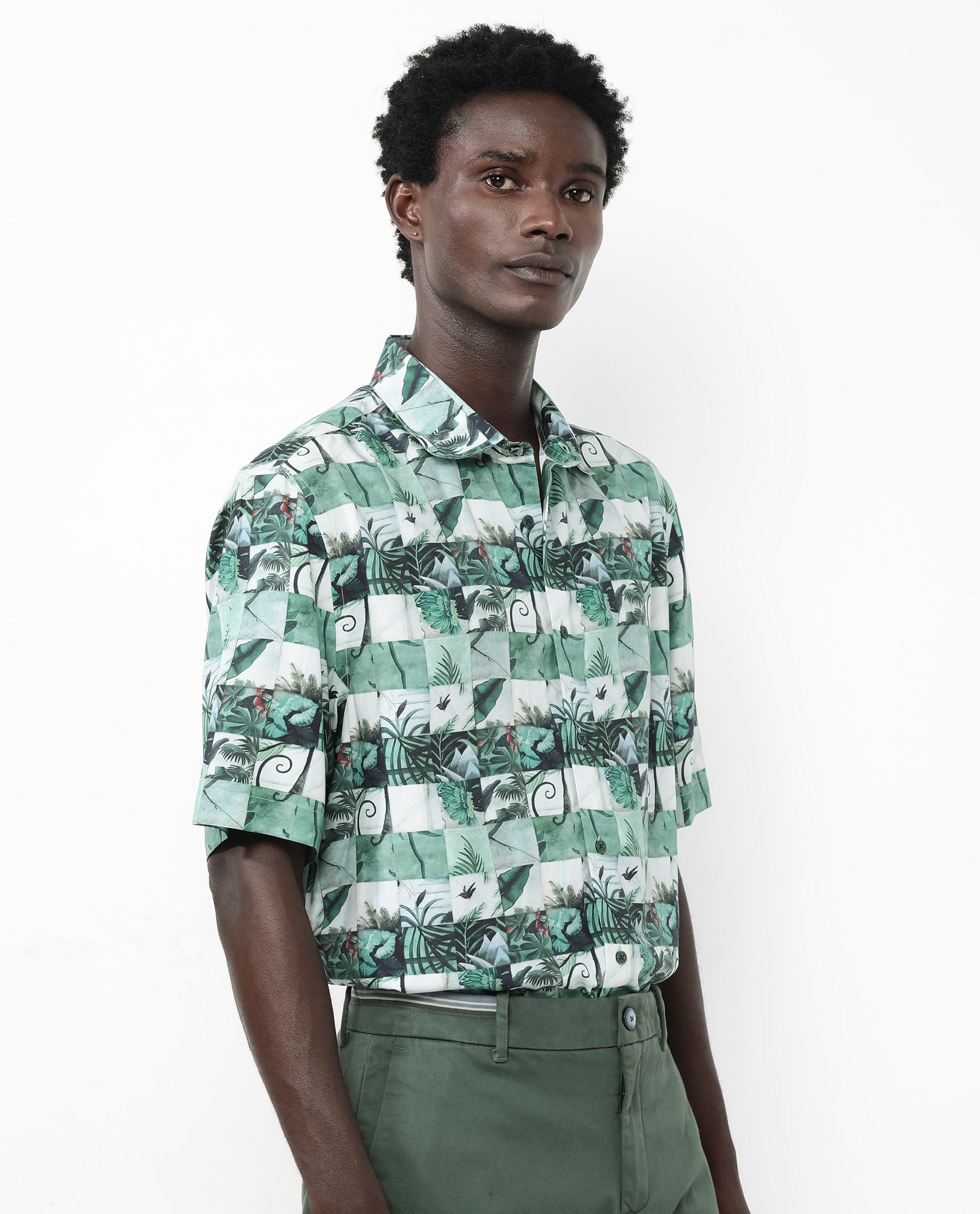 Rare Rabbit Men's Caph Green Viscose Fabric Short Sleeve Regular Fit Tropical Print Shirt
