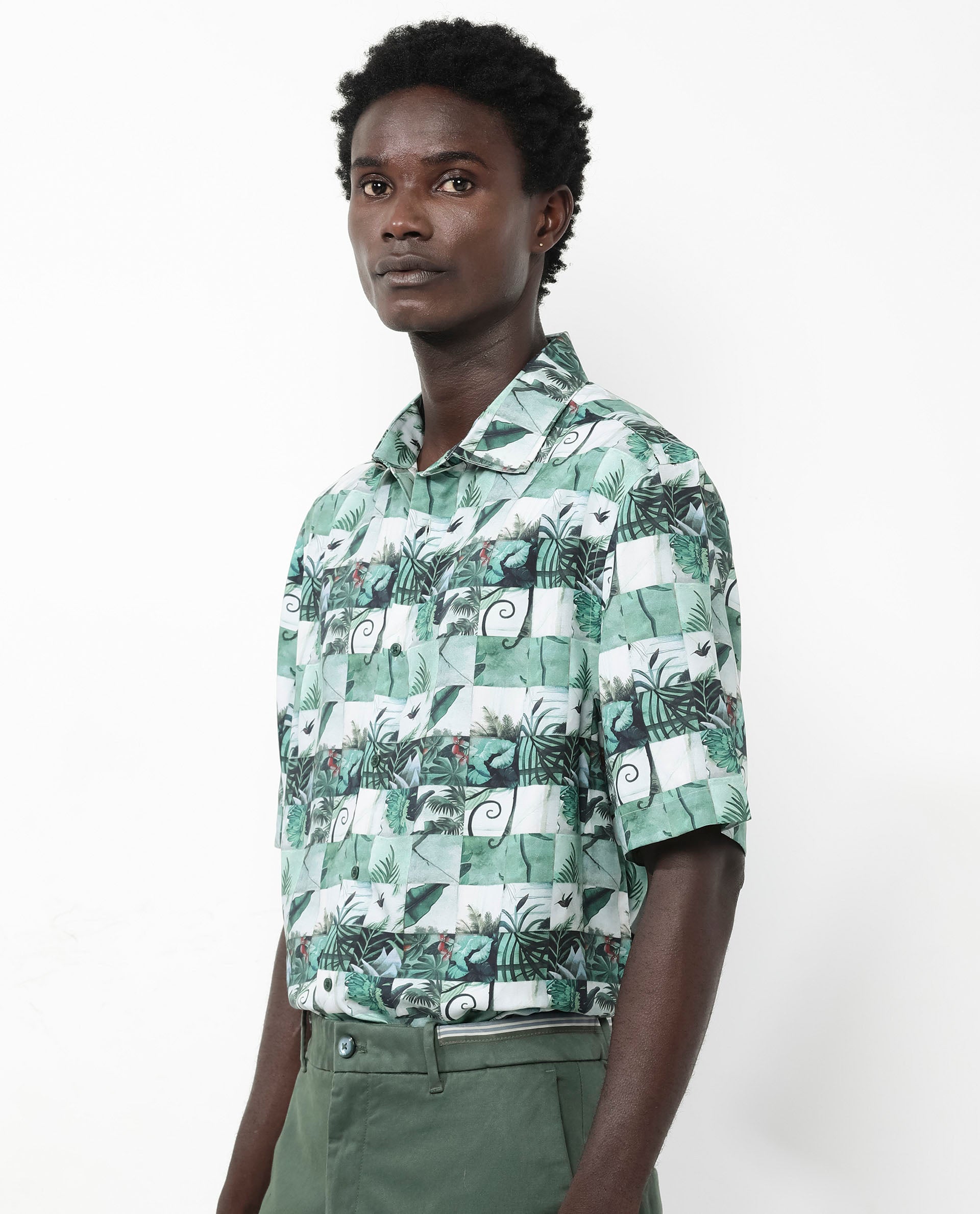 Rare Rabbit Men's Caph Green Viscose Fabric Short Sleeve Regular Fit Tropical Print Shirt