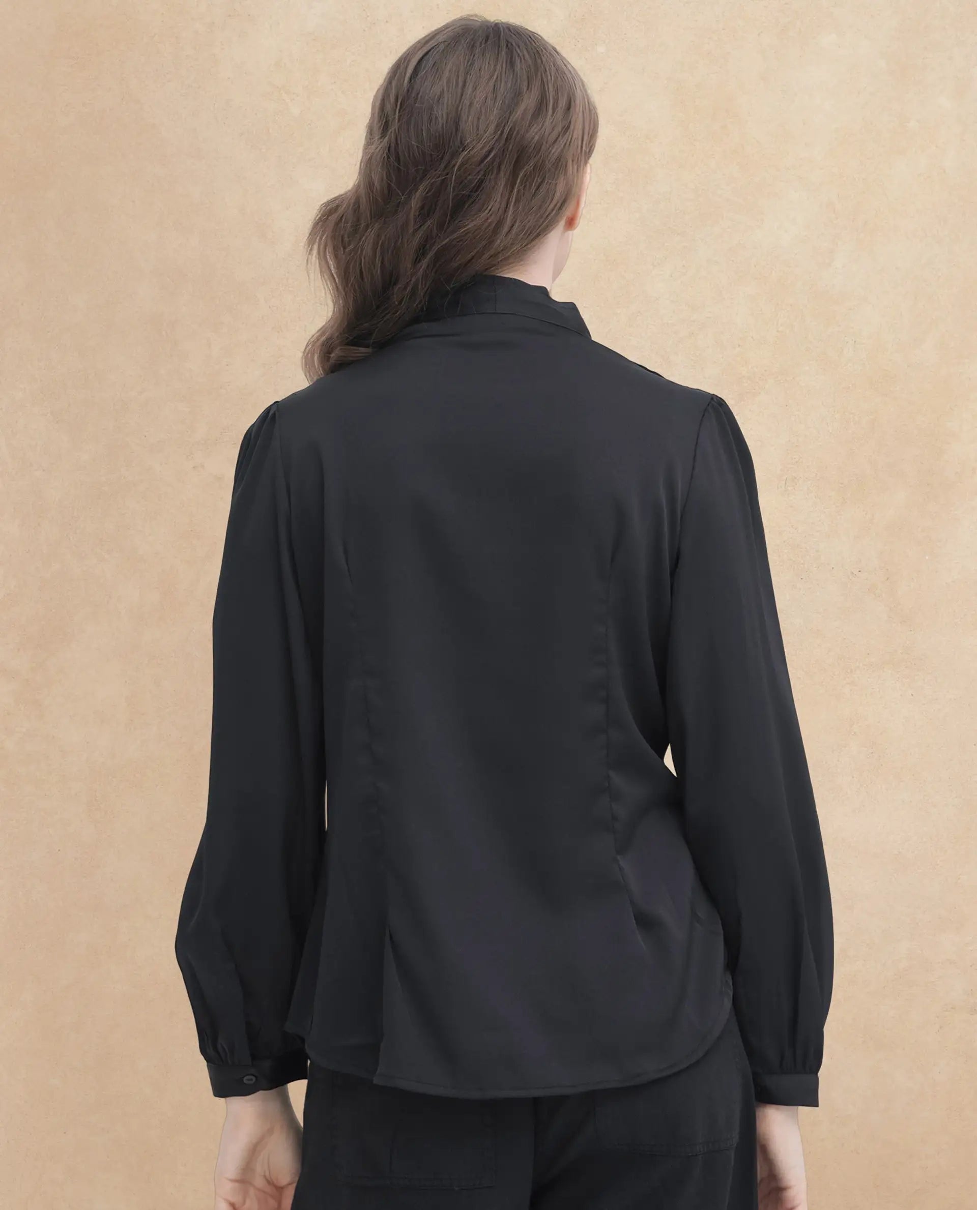 Rareism Women's Caplan Black Polyester Overlap Neck Plain Bishop Sleeve Regular Fit Top