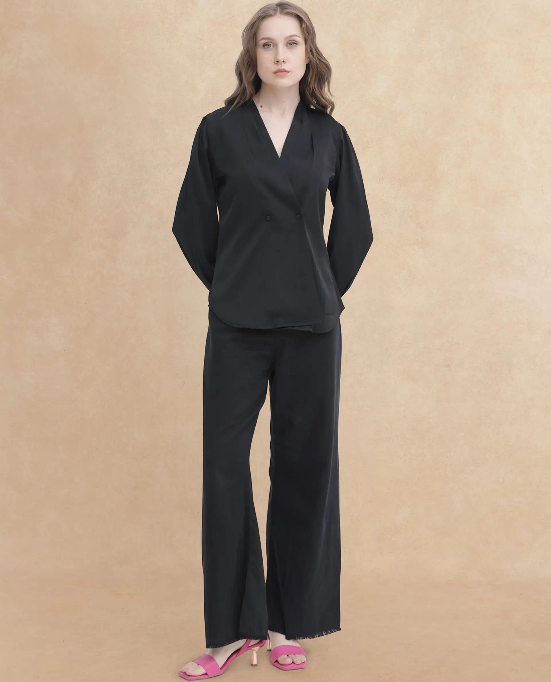 Rareism Women's Caplan Black Polyester Overlap Neck Plain Bishop Sleeve Regular Fit Top