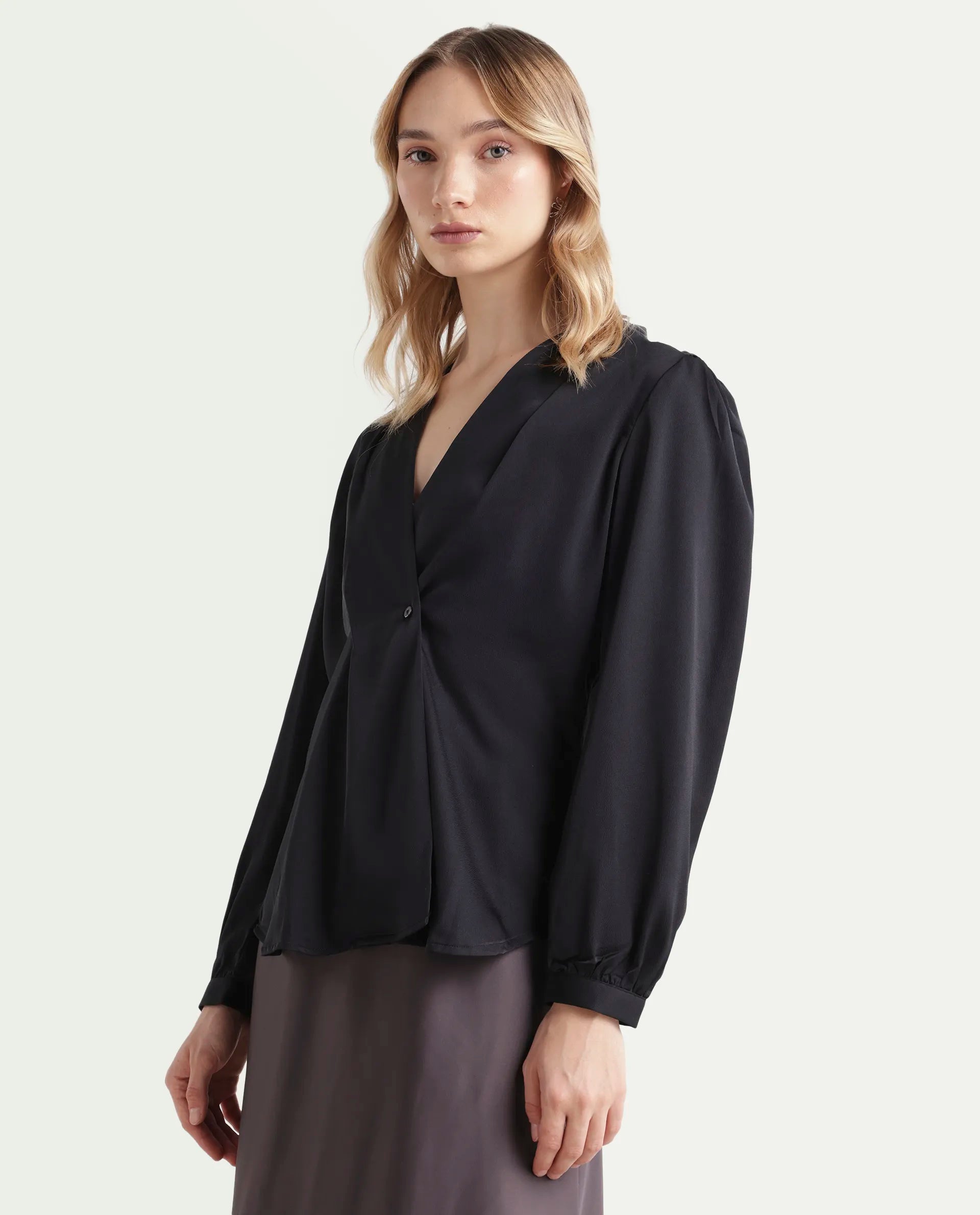 Rareism Women's Caplan Black Polyester Overlap Neck Plain Bishop Sleeve Regular Fit Top