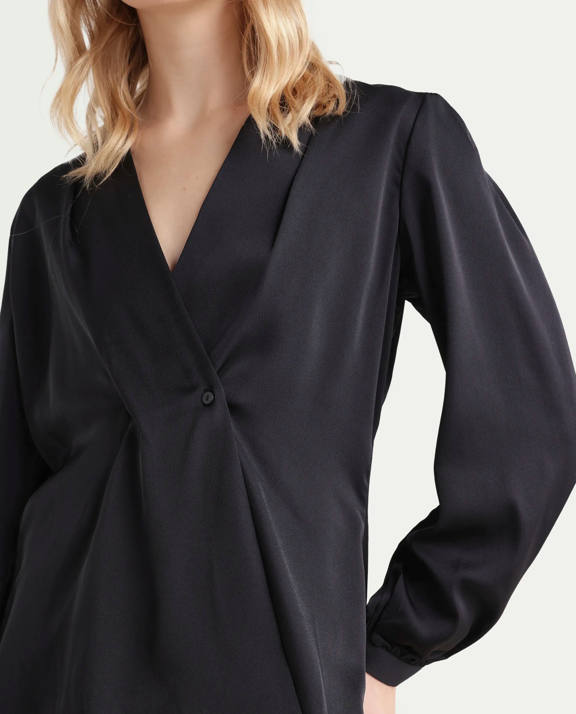 Rareism Women's Caplan Black Polyester Overlap Neck Plain Bishop Sleeve Regular Fit Top
