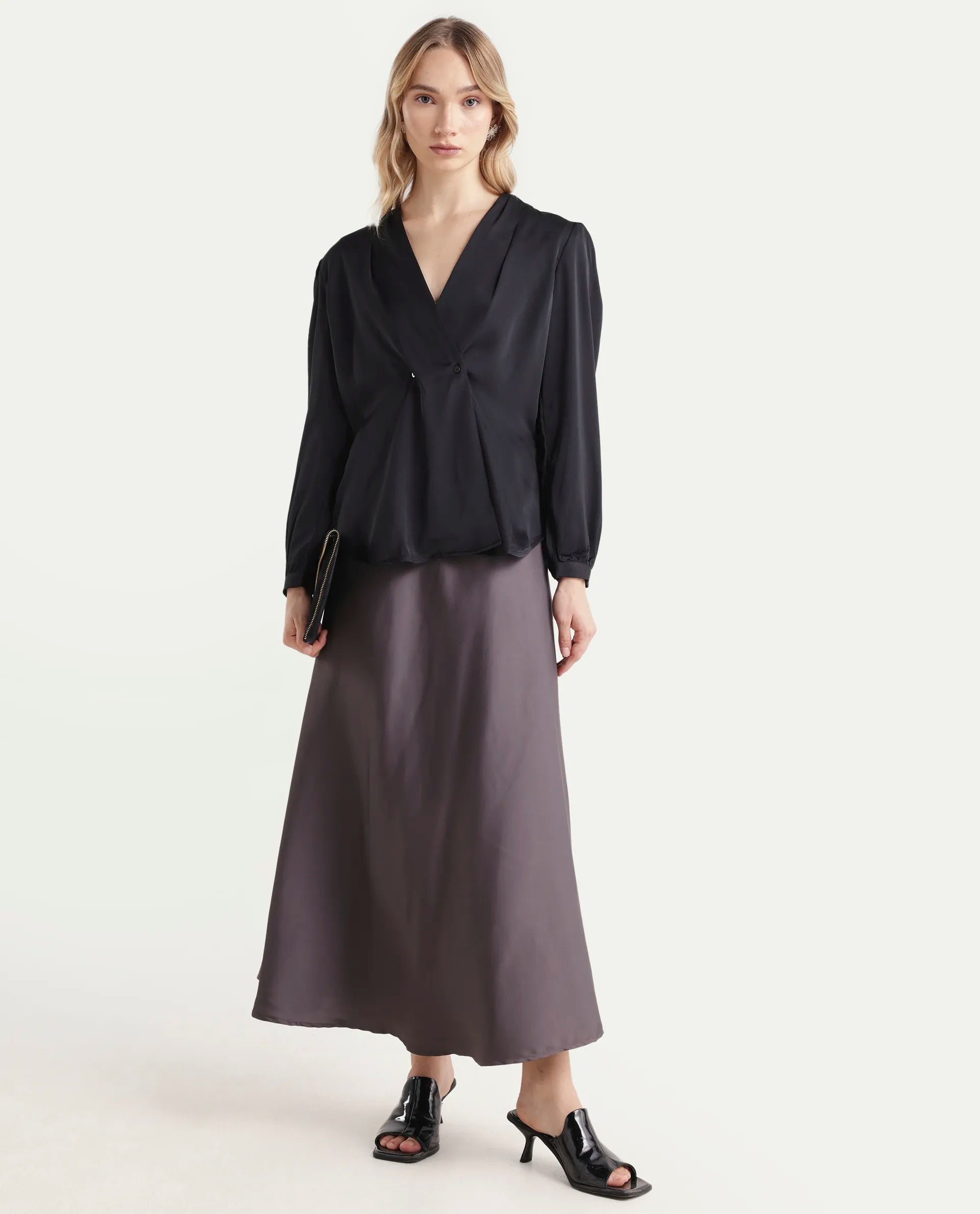 Rareism Women's Caplan Black Polyester Overlap Neck Plain Bishop Sleeve Regular Fit Top