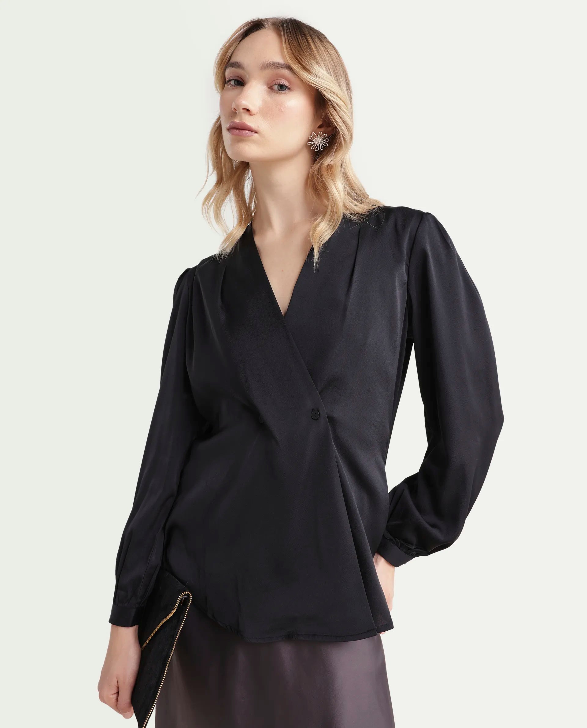 Rareism Women's Caplan Black Polyester Overlap Neck Plain Bishop Sleeve Regular Fit Top