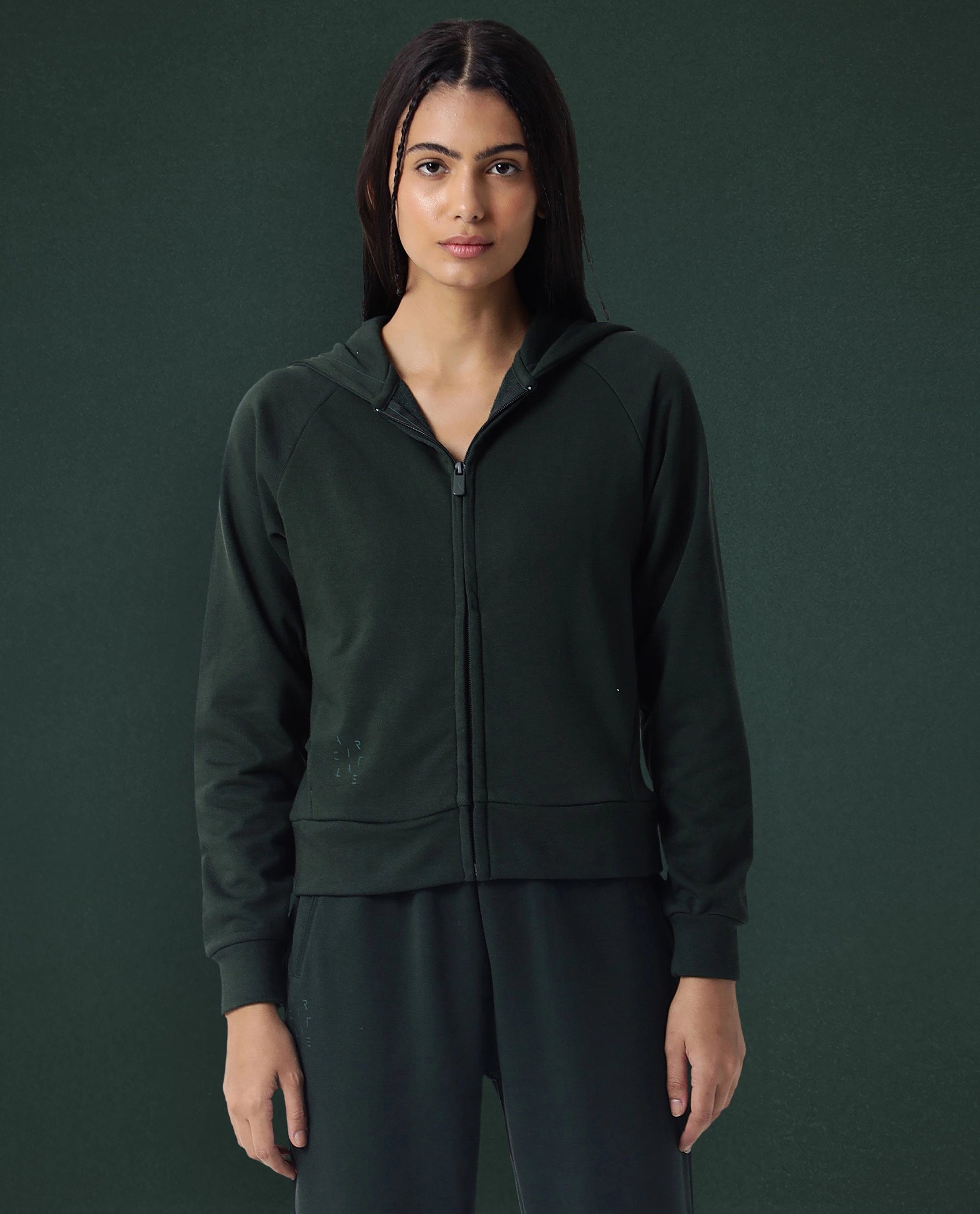 Rareism Women Capper Dark Green Cotton Blend Fabric Full Sleeves Solid Hooded Jacket