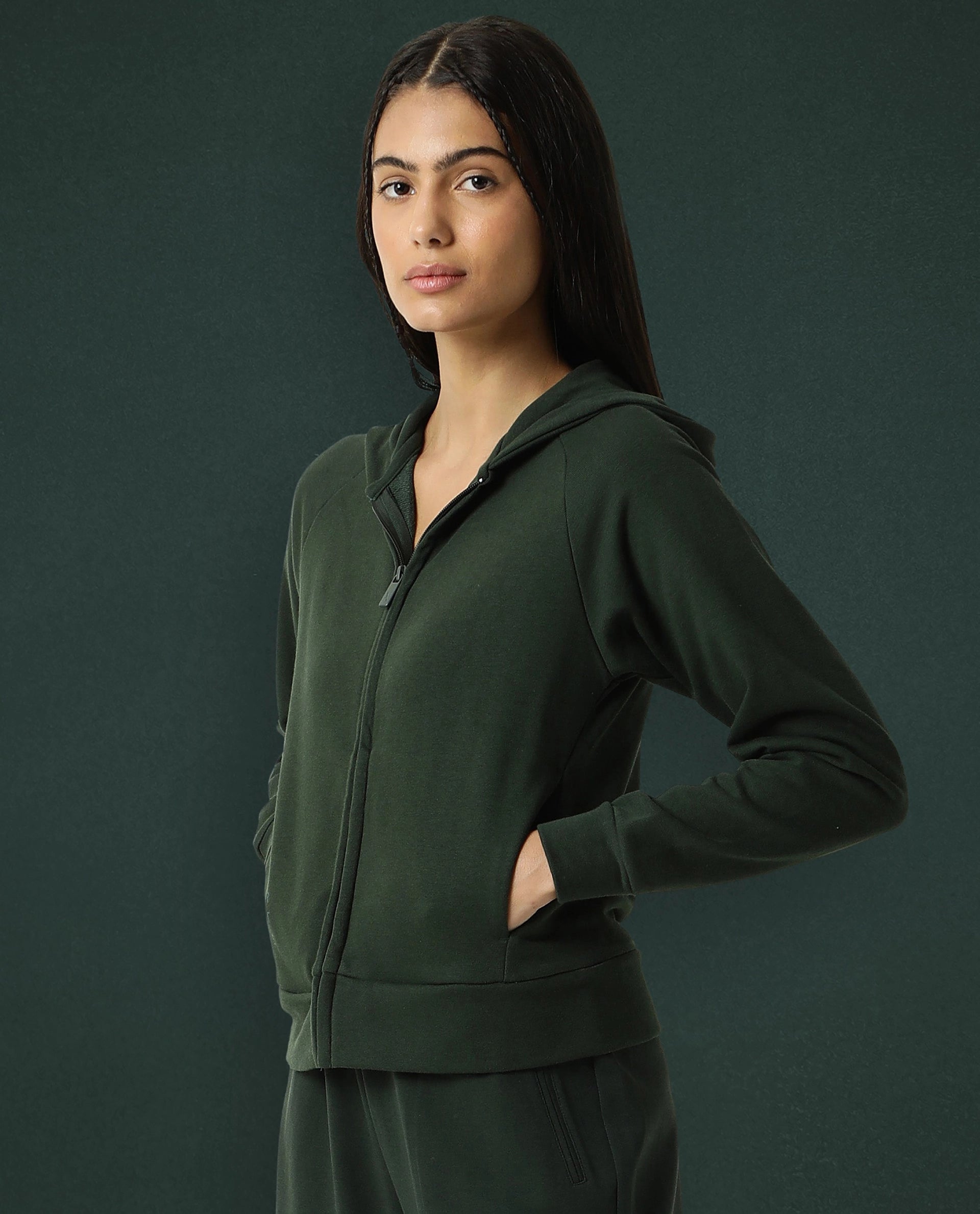 Rareism Women Capper Dark Green Cotton Blend Fabric Full Sleeves Solid Hooded Jacket
