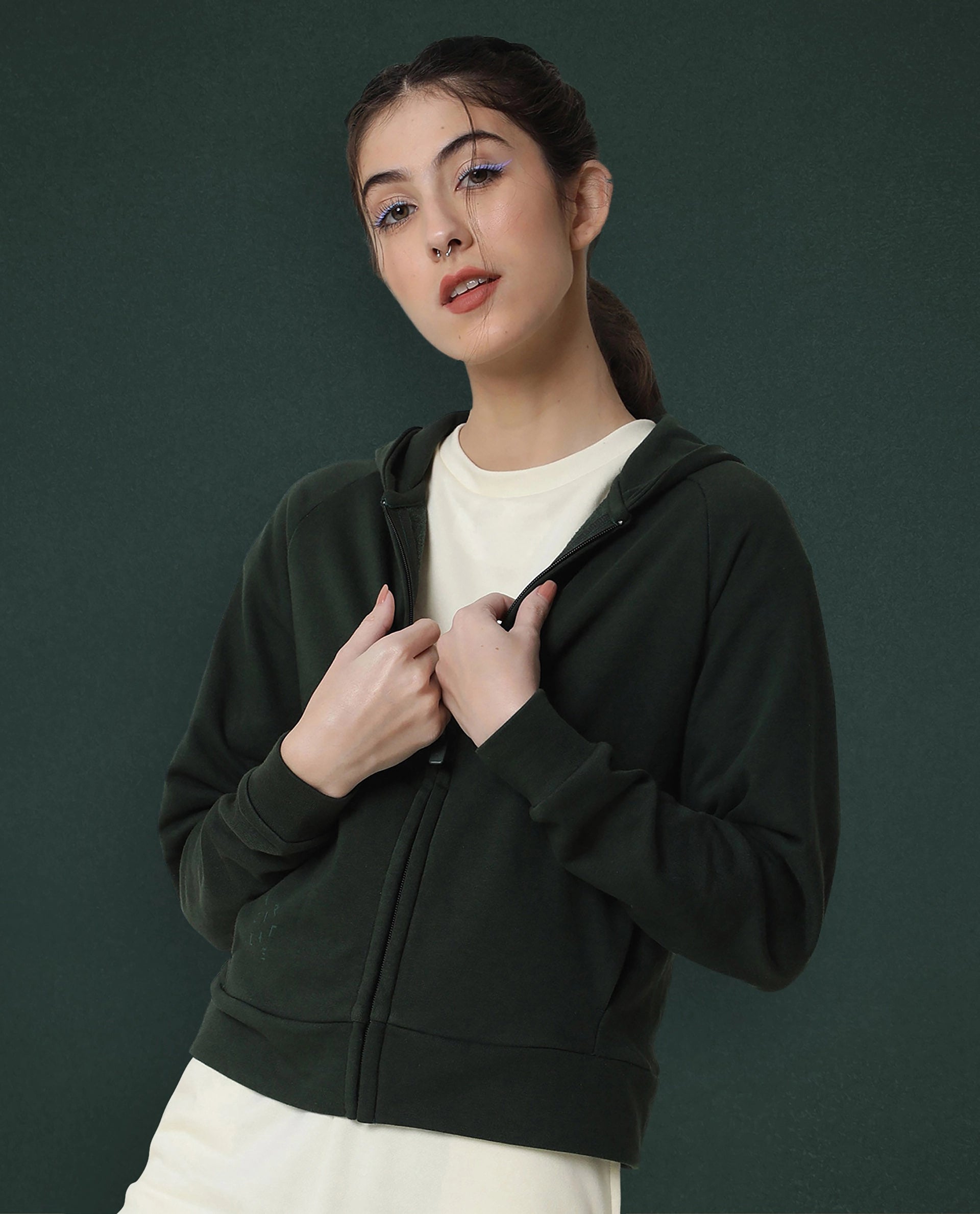 Rareism Women Capper Dark Green Cotton Blend Fabric Full Sleeves Solid Hooded Jacket