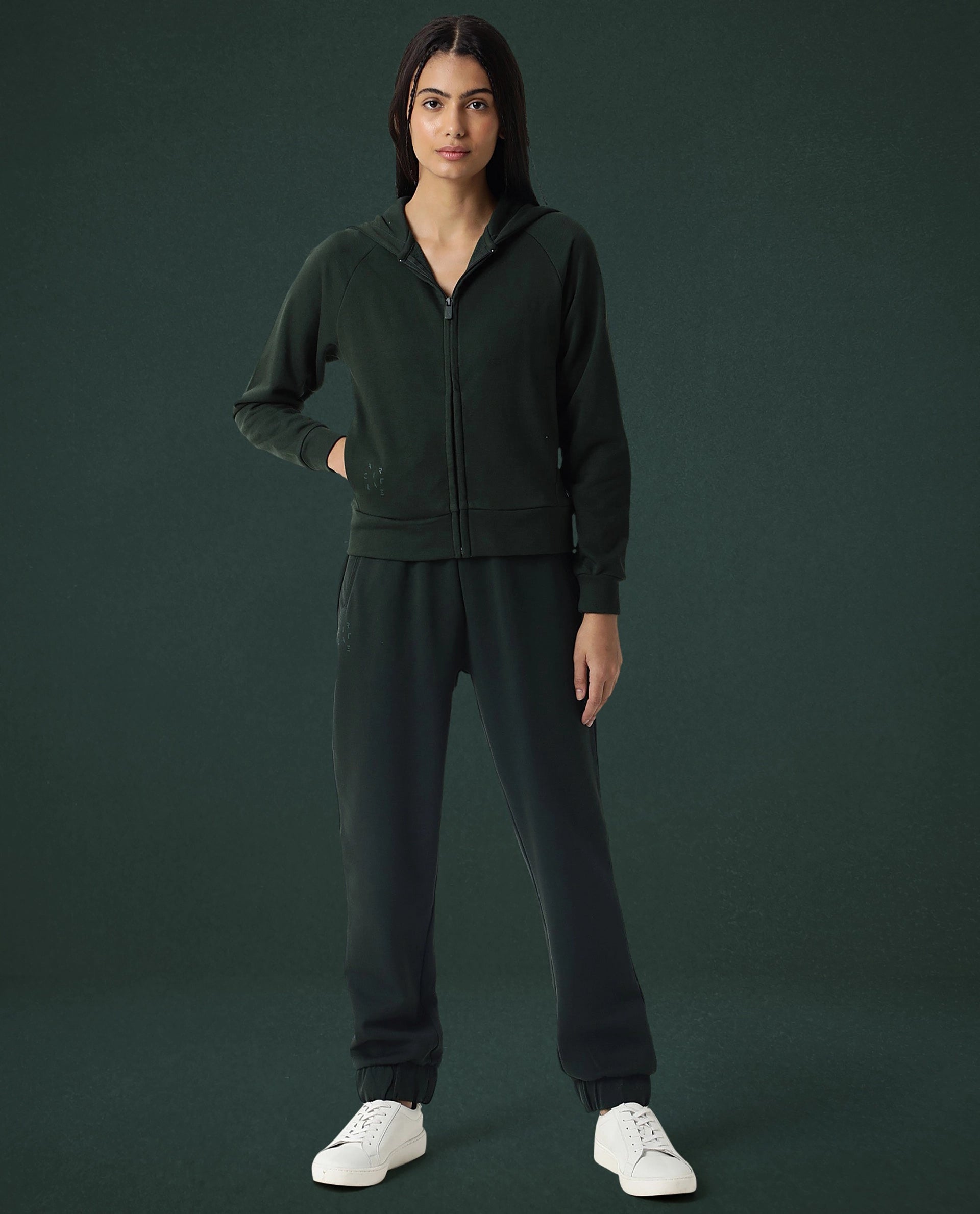 Rareism Women Capper Dark Green Cotton Blend Fabric Full Sleeves Solid Hooded Jacket