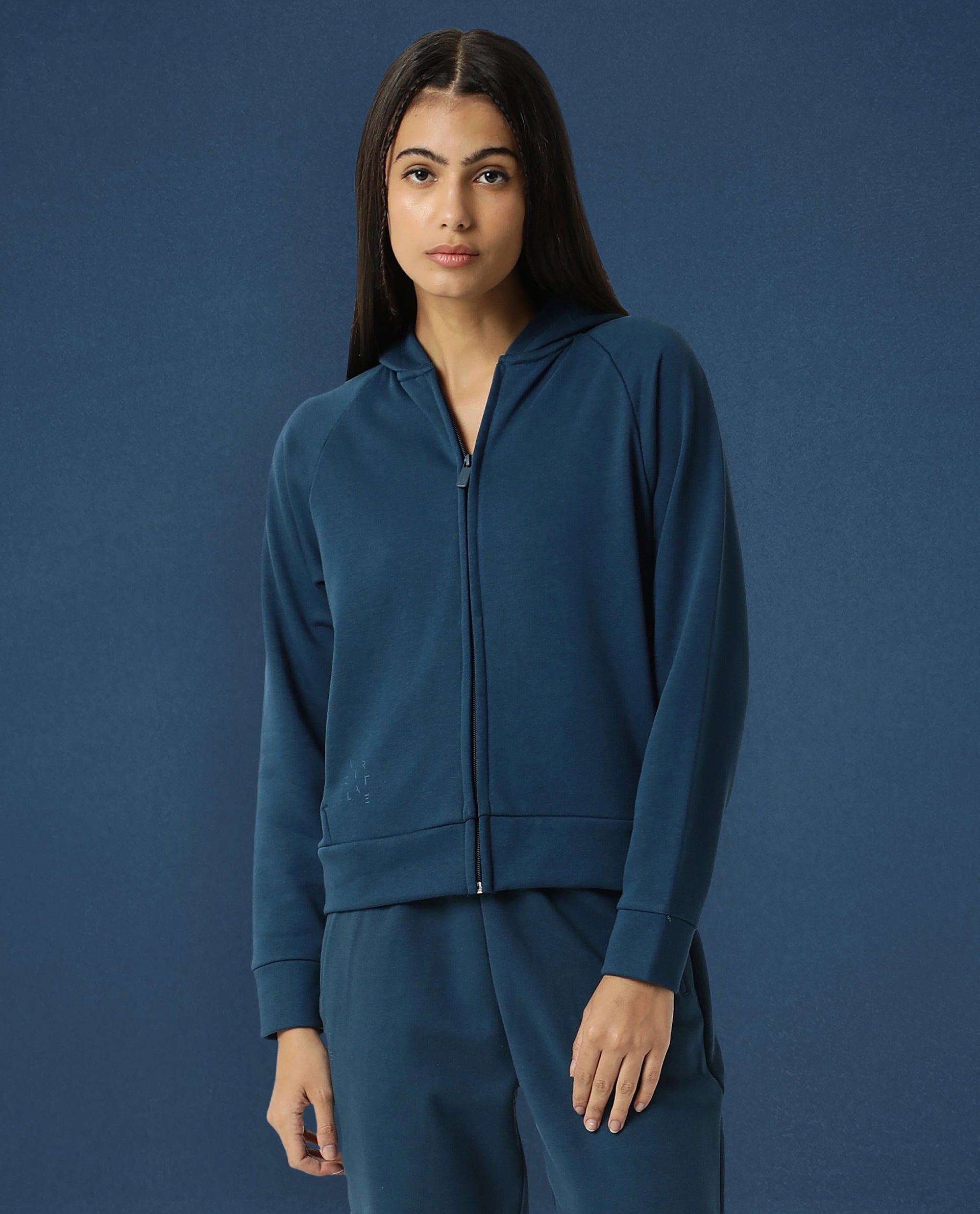 Rareism Women Capper Dusky Green Cotton Blend Fabric Full Sleeves Solid Hooded Jacket