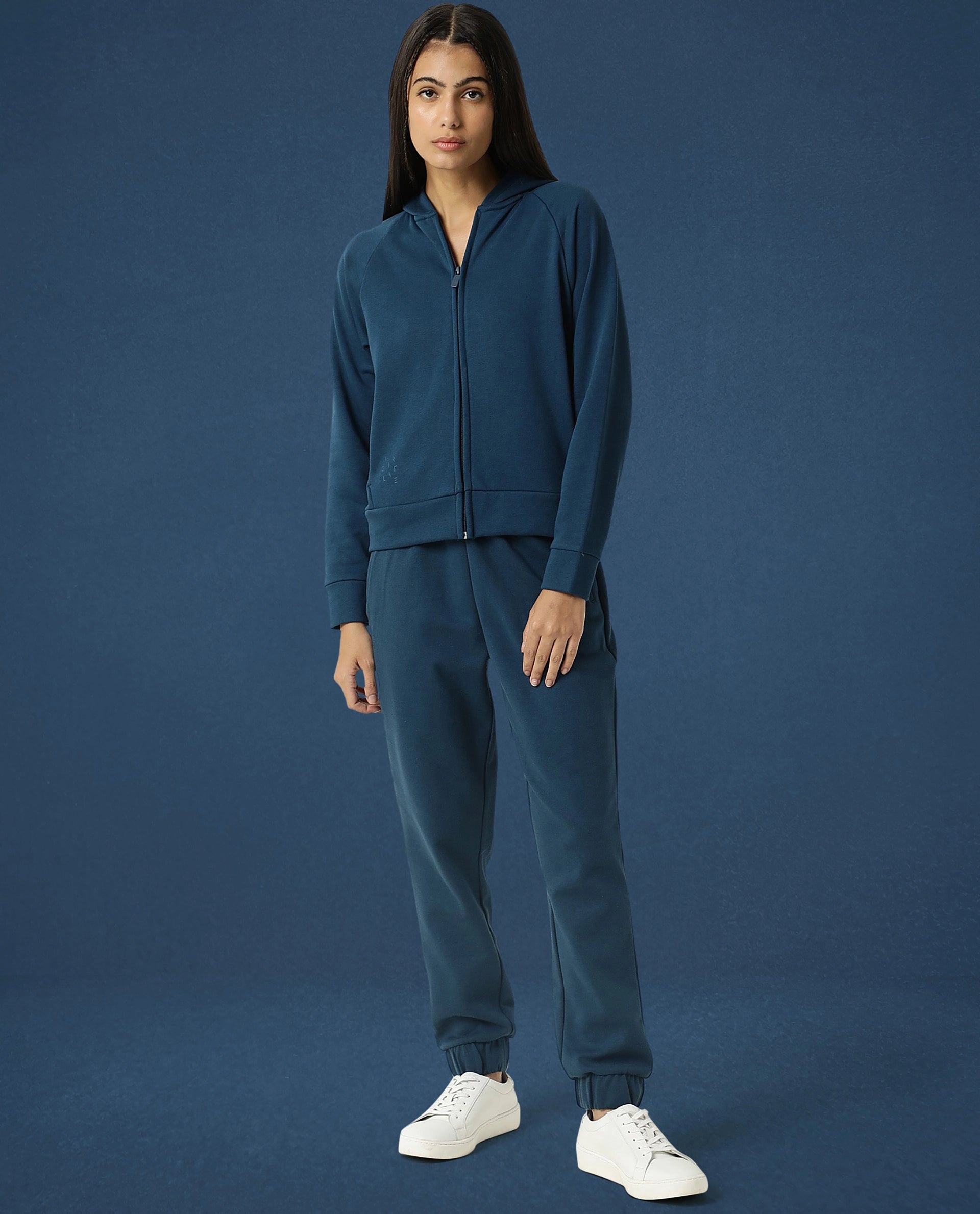 Rareism Women Capper Dusky Green Cotton Blend Fabric Full Sleeves Solid Hooded Jacket