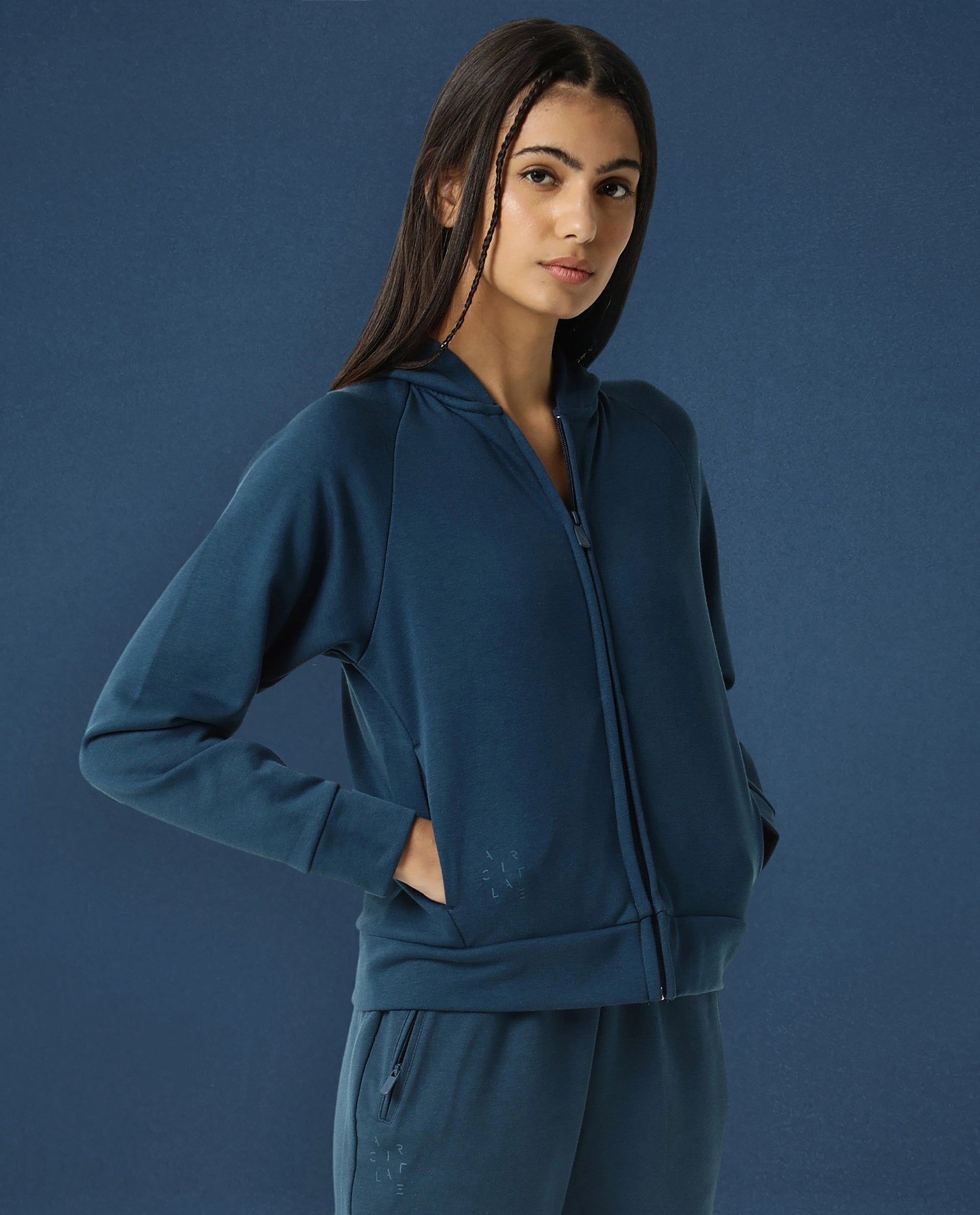 Rareism Women Capper Dusky Green Cotton Blend Fabric Full Sleeves Solid Hooded Jacket