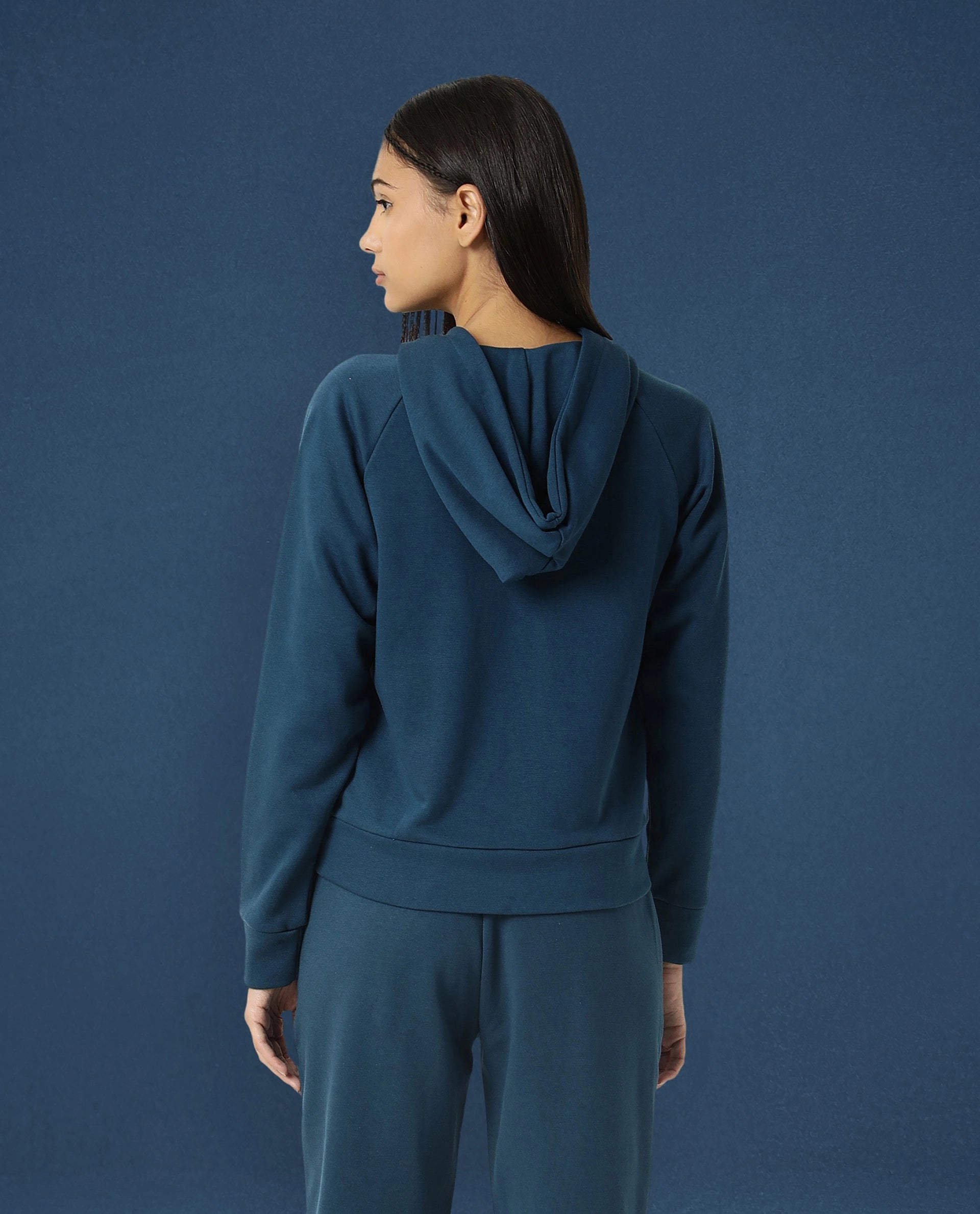 Rareism Women Capper Dusky Green Cotton Blend Fabric Full Sleeves Solid Hooded Jacket