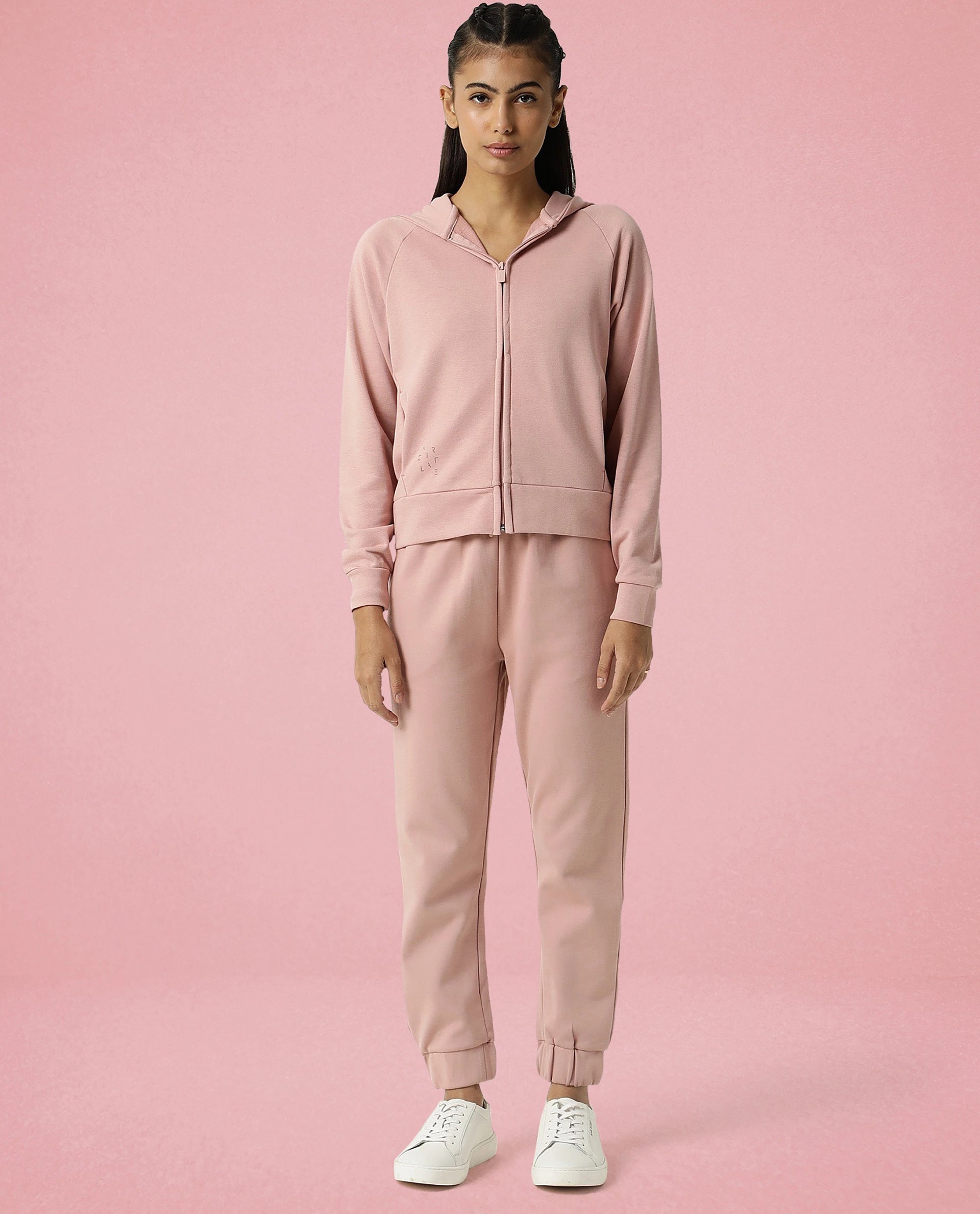 Rareism Women Capper Dusky Pink Cotton Blend Fabric Full Sleeves Solid Hooded Jacket