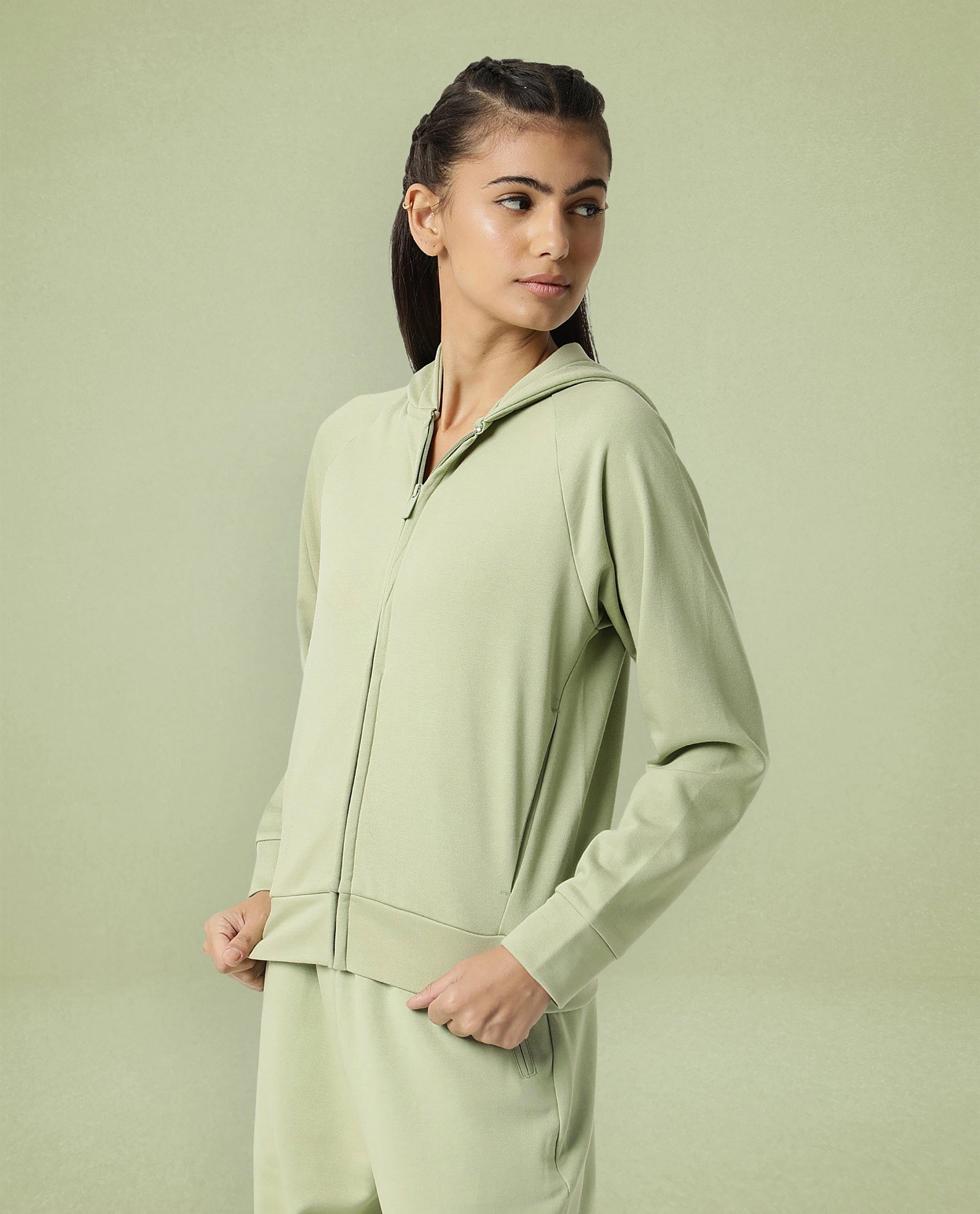 Rareism Women Capper Light Green Cotton Blend Fabric Full Sleeves Solid Hooded Jacket