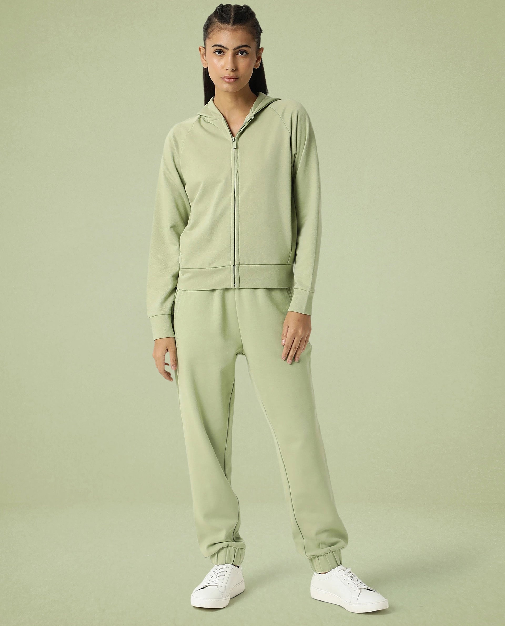 Rareism Women Capper Light Green Cotton Blend Fabric Full Sleeves Solid Hooded Jacket