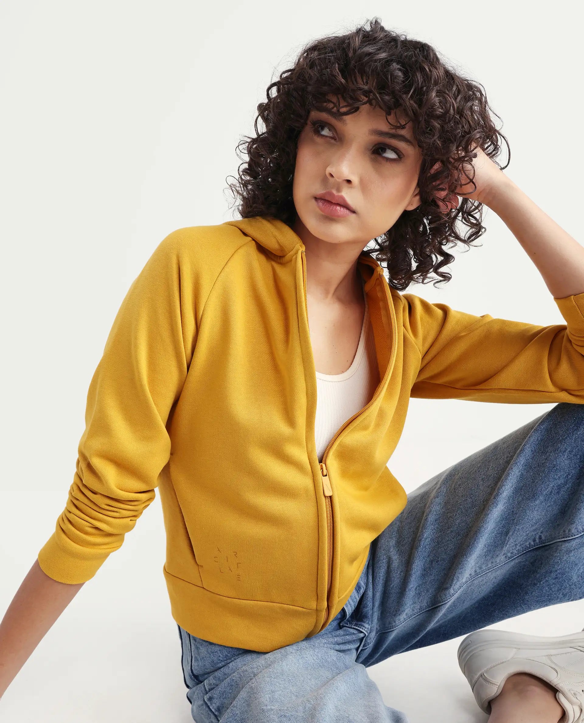 Rareism Women's Medium Weight Terry 290 Gsm Cotton Blend Hooded Plain Regular Fit Jacket