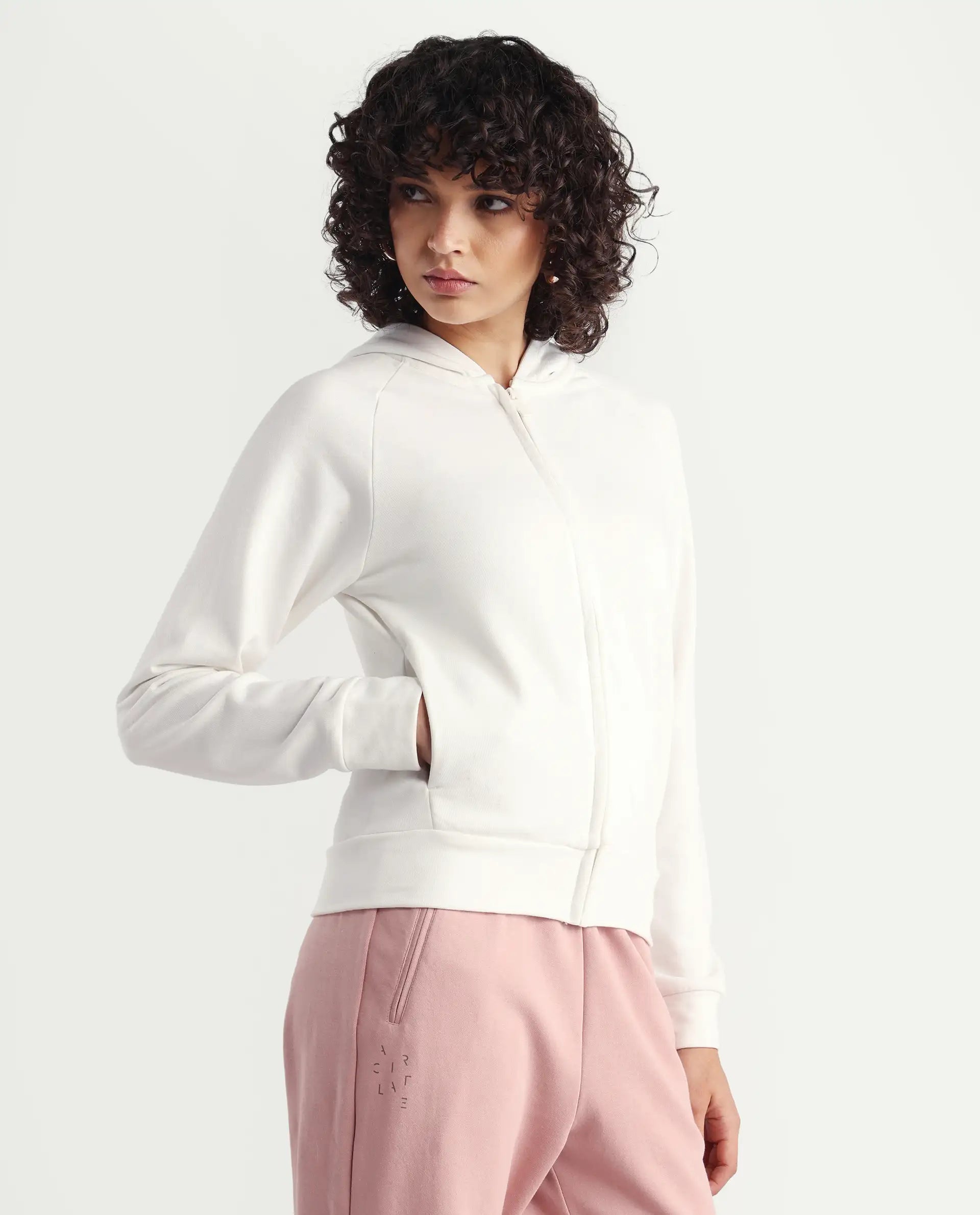 Rareism Women's Medium Weight Terry 290 Gsm Cotton Blend Hooded Plain Regular Fit Jacket