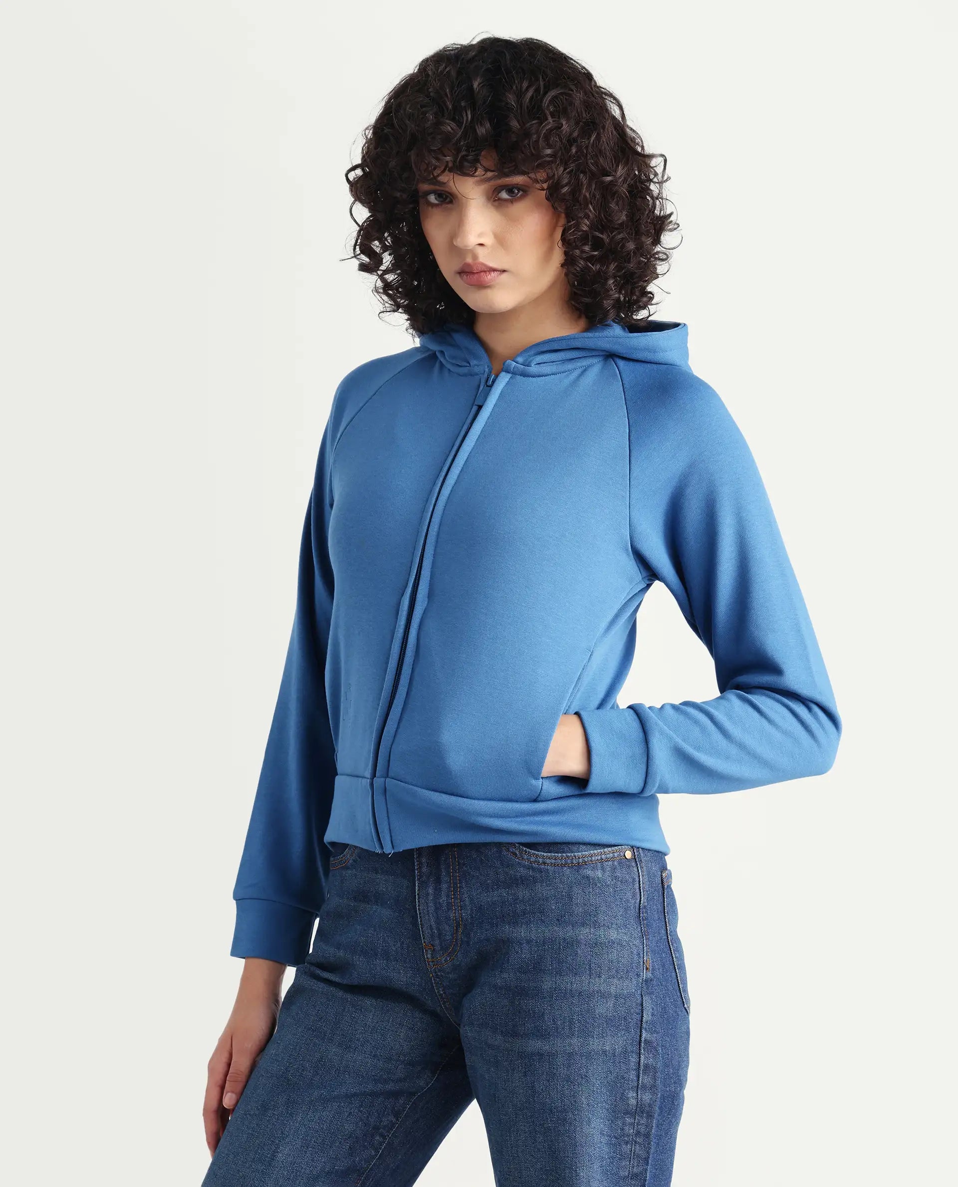 Rareism Women's Medium Weight Terry 290 Gsm Cotton Blend Hooded Plain Regular Fit Jacket