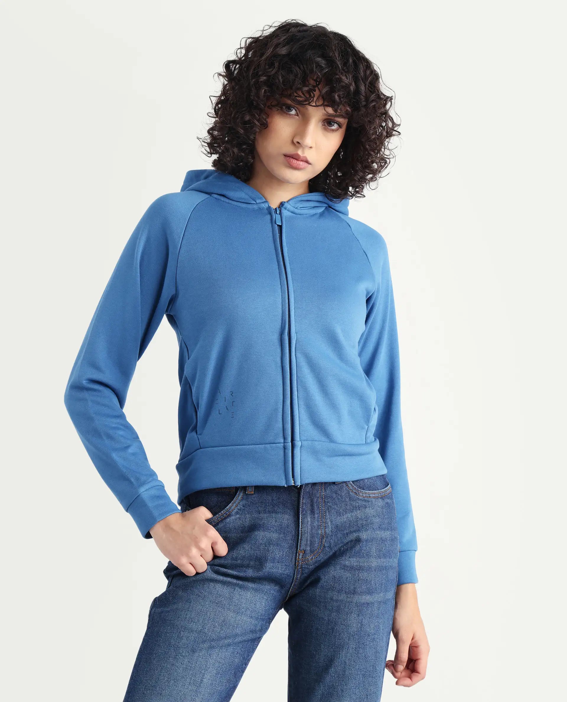 Rareism Women's Medium Weight Terry 290 Gsm Cotton Blend Hooded Plain Regular Fit Jacket