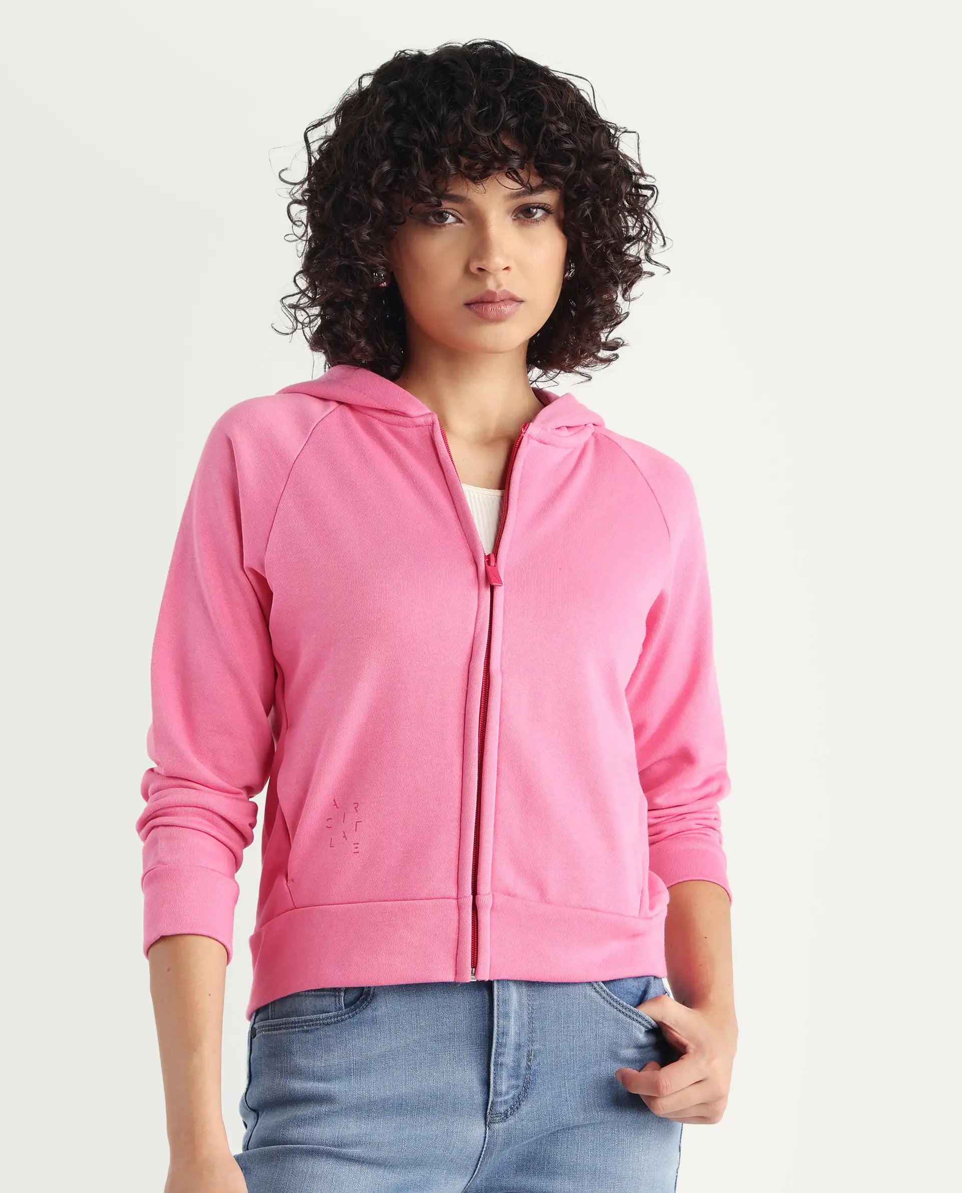 Rareism Women's Medium Weight Terry 290 Gsm Cotton Blend Hooded Plain Regular Fit Jacket